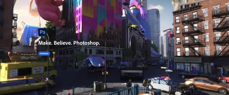 Urban scene with oversized inflatable characters and Photoshop download prompt.
