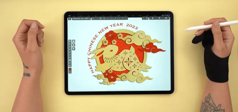Finished digital drawing of a rabbit for Chinese New Year 2023 on a tablet