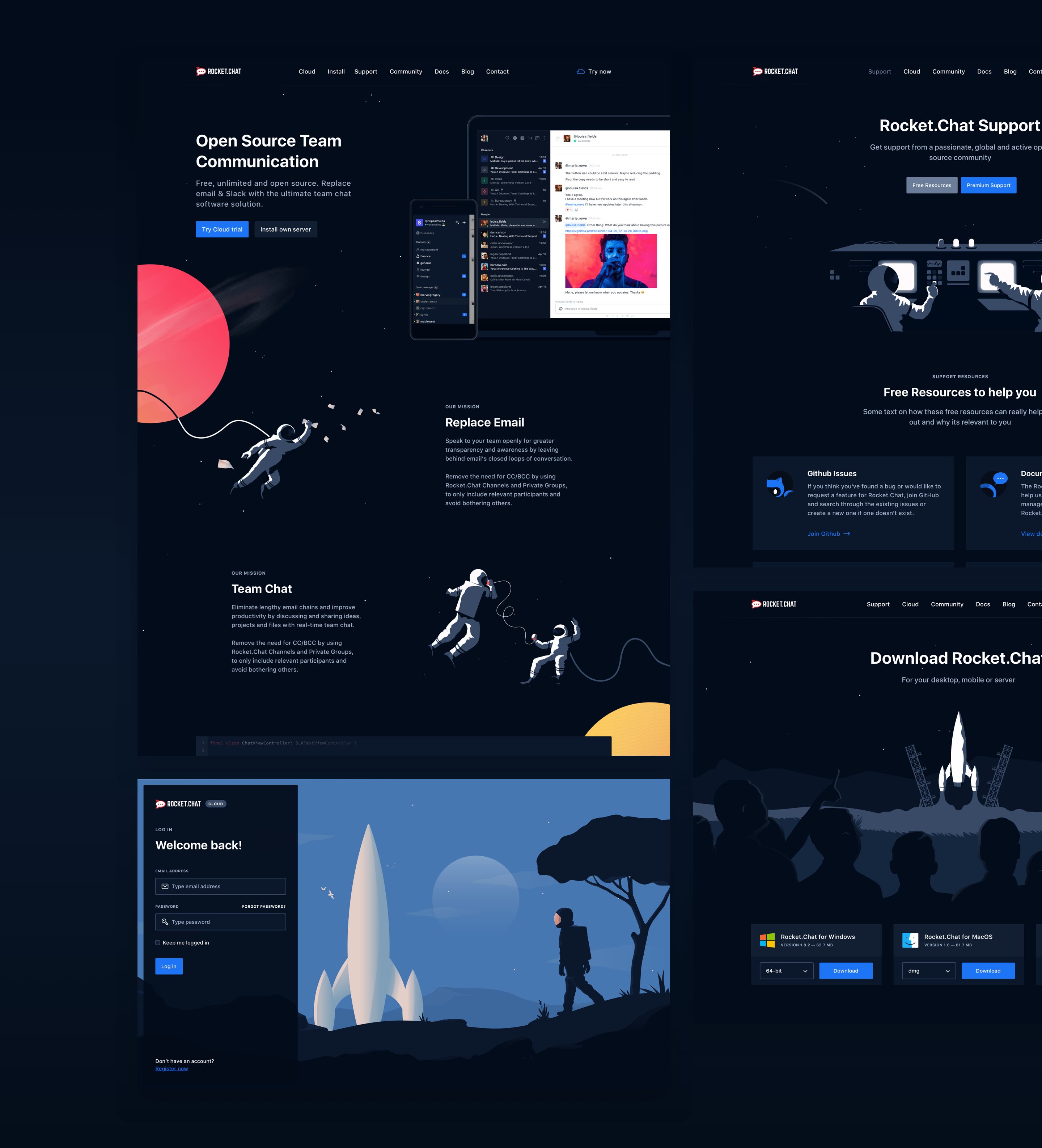 Rocket.Chat website screens.