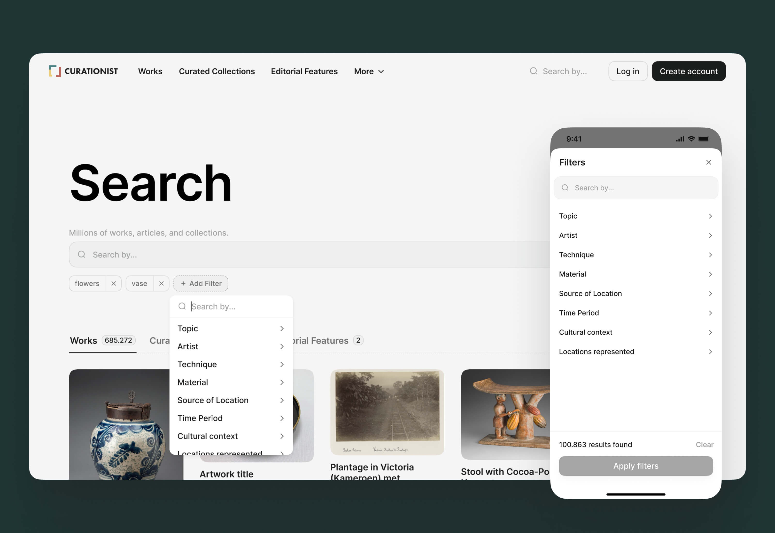 Curationist filters on desktop and mobile.