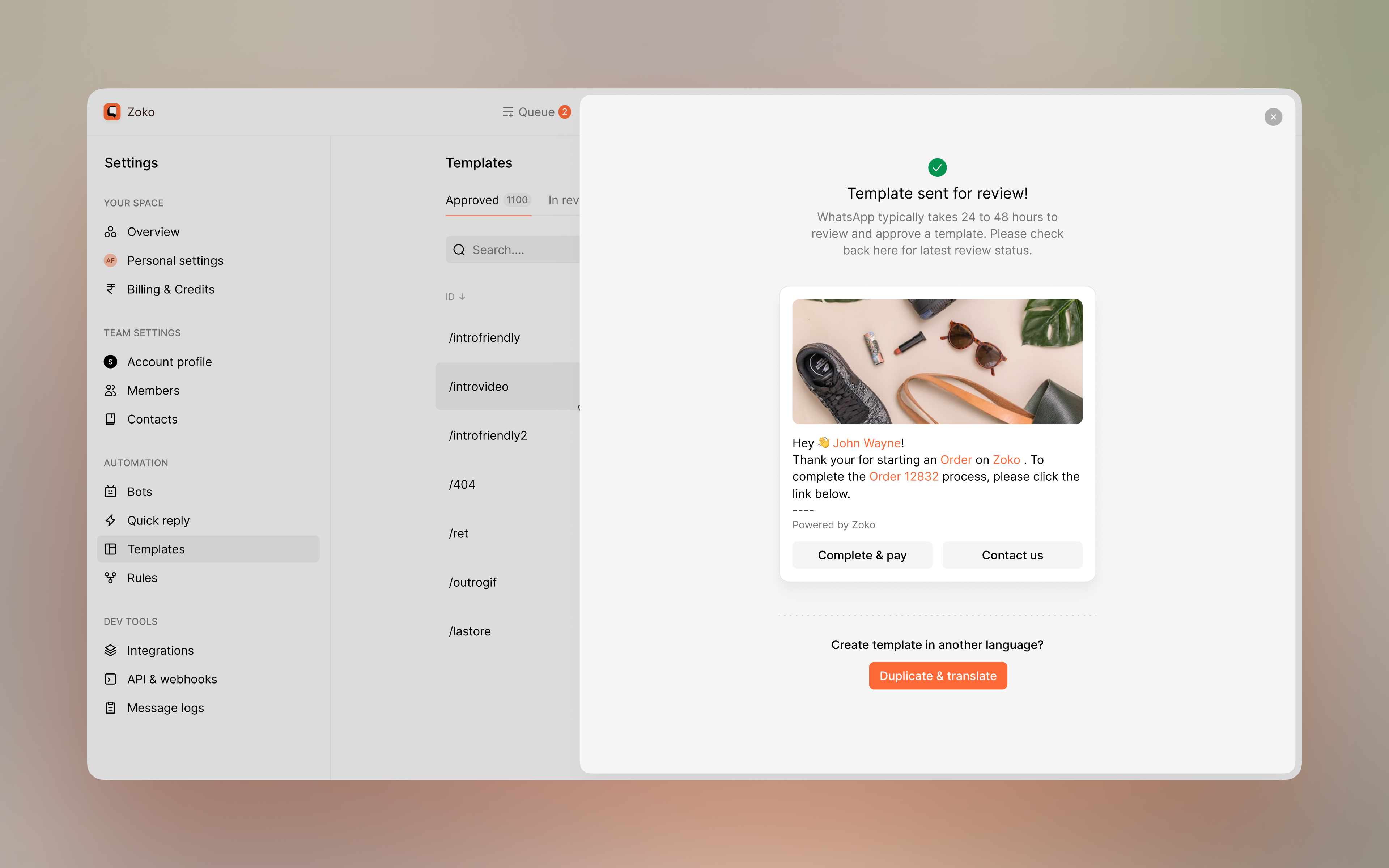Zoko create template page.