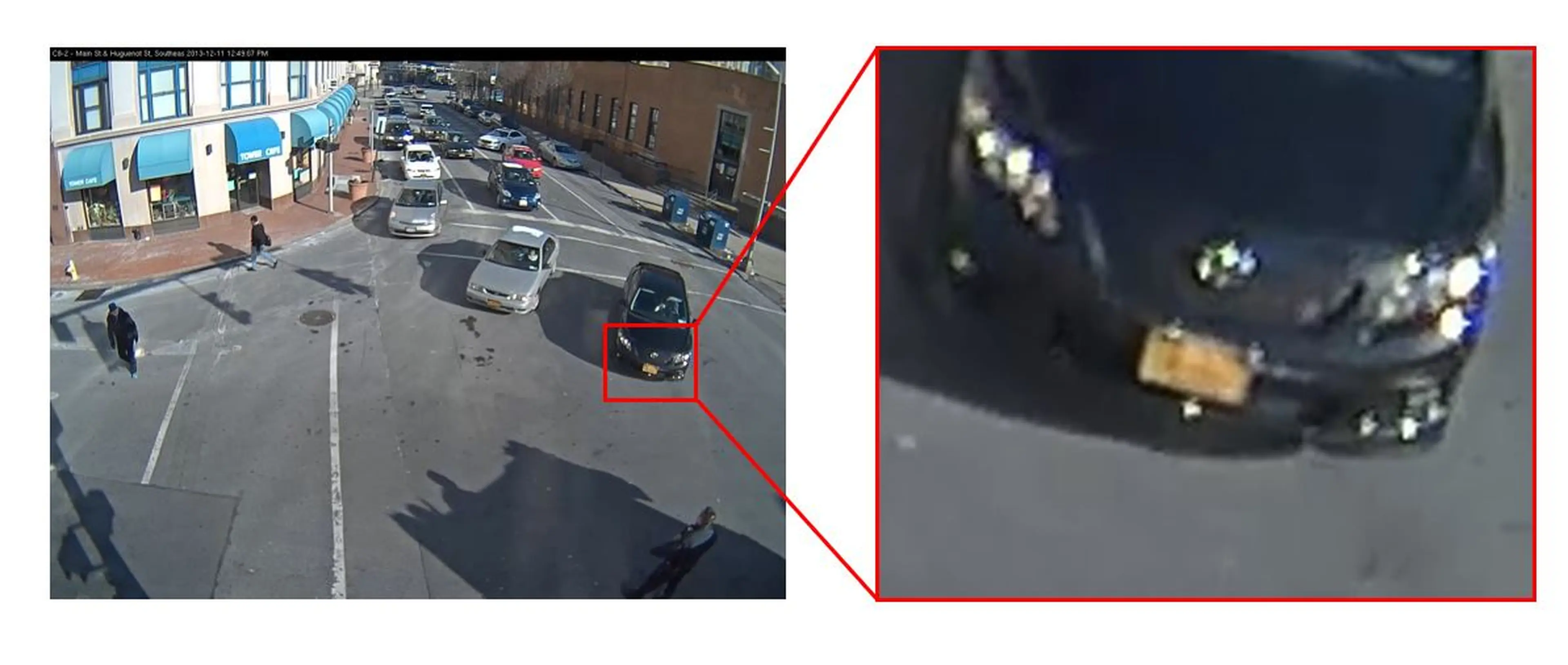 Image of enhancing a video low res Image is of a black car on the street and second image is close up of license plate