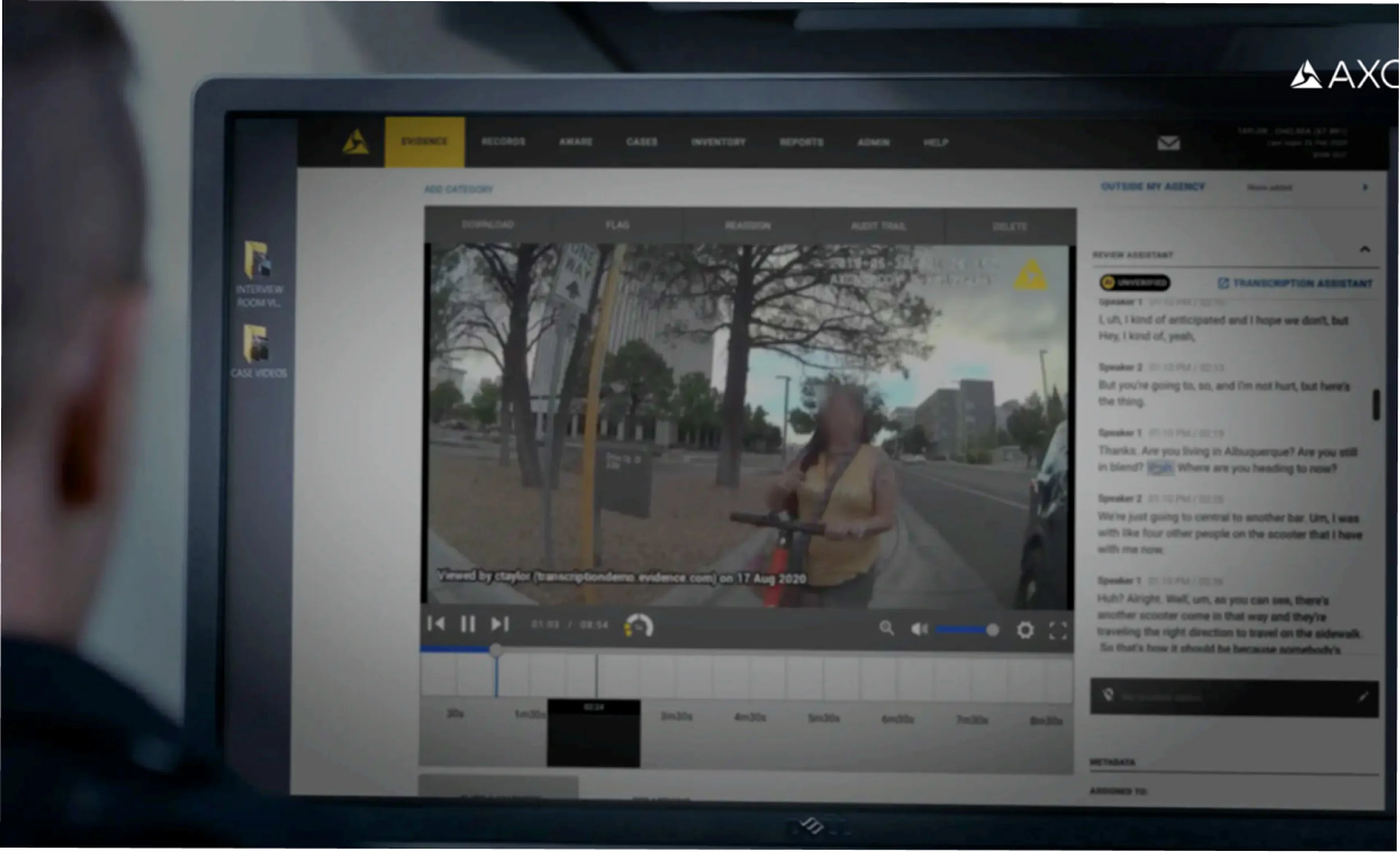 Desktop display of Axon Auto-Transcribe in-use