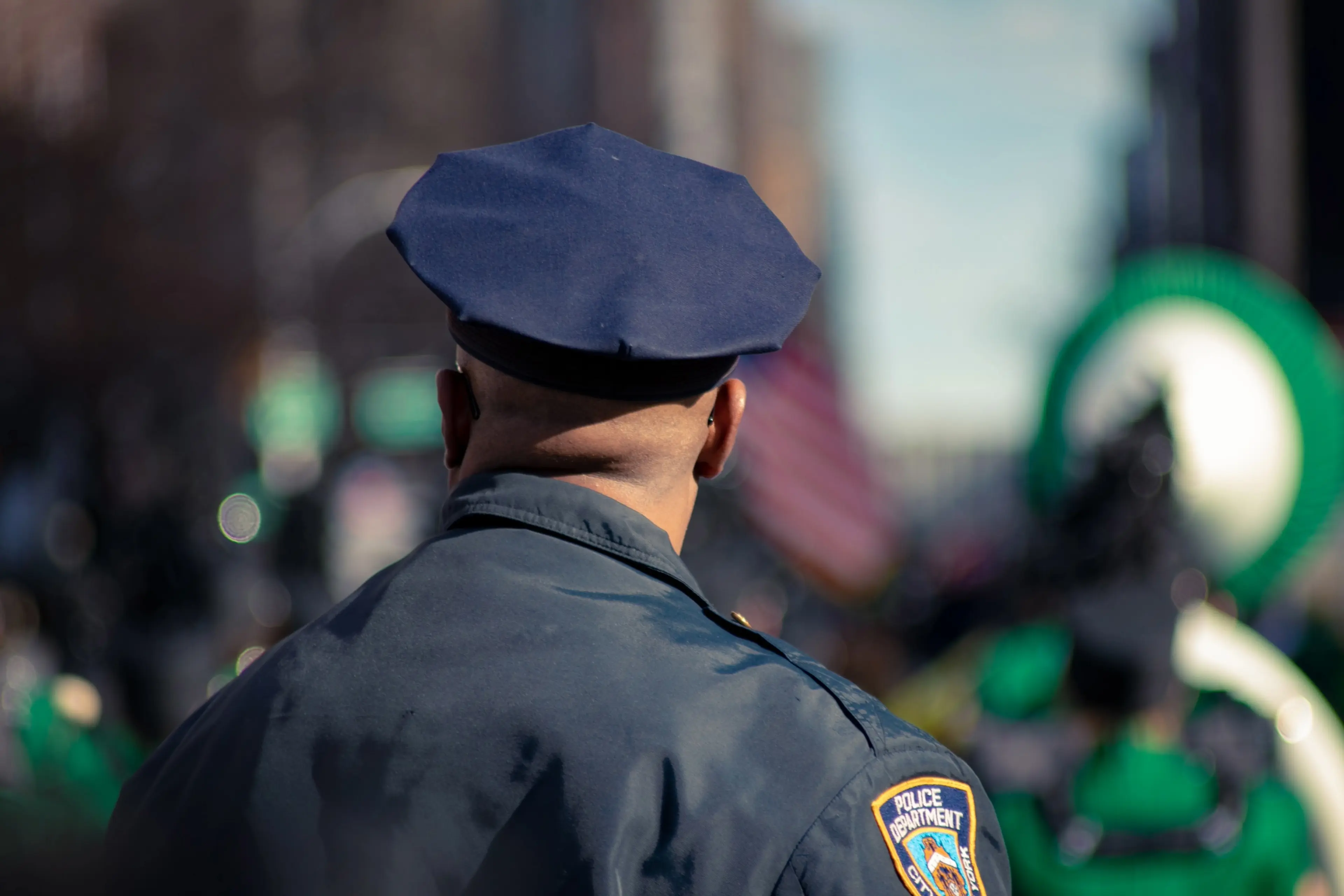 A police officer looking away