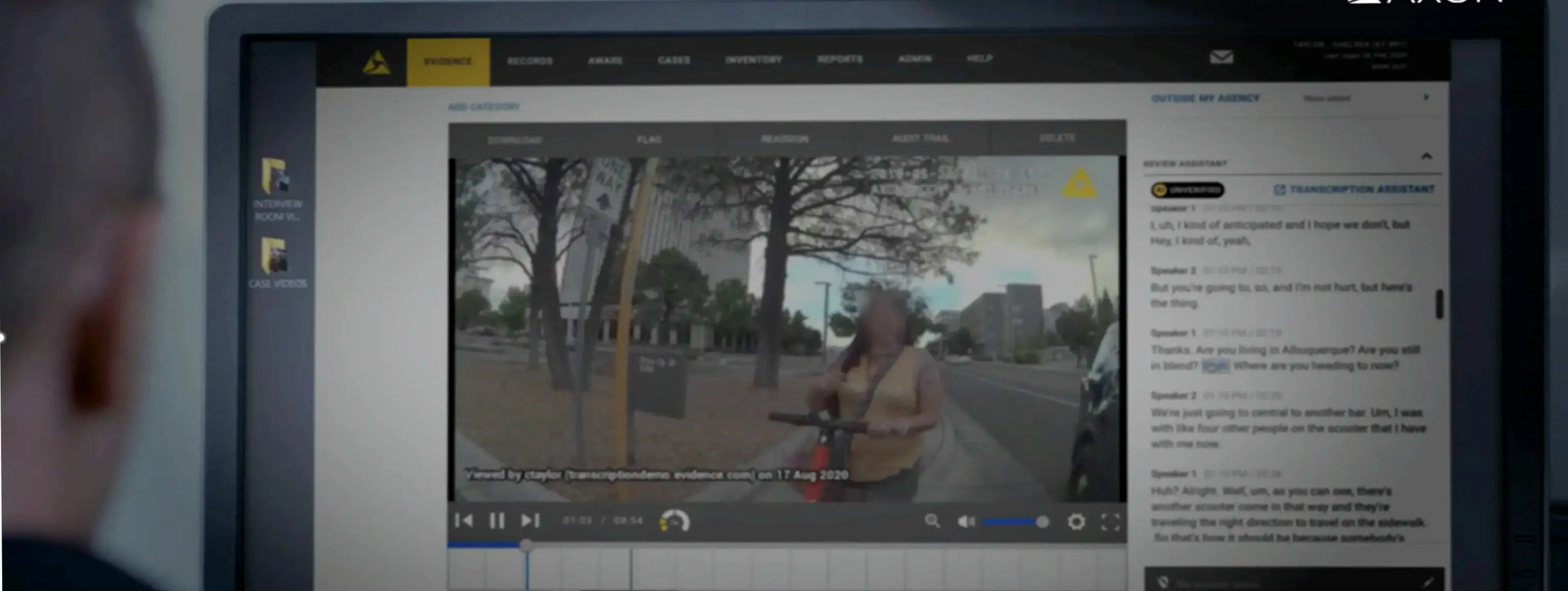 Desktop display of Axon Auto-Transcribe in-use