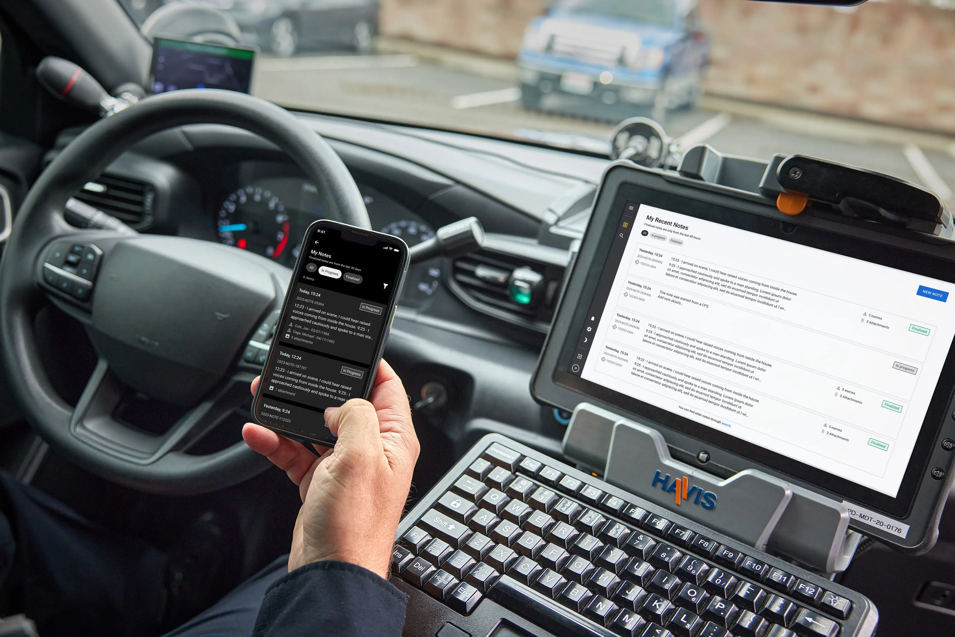 A Canadian police officer using Axon Notes in their car and on their phone