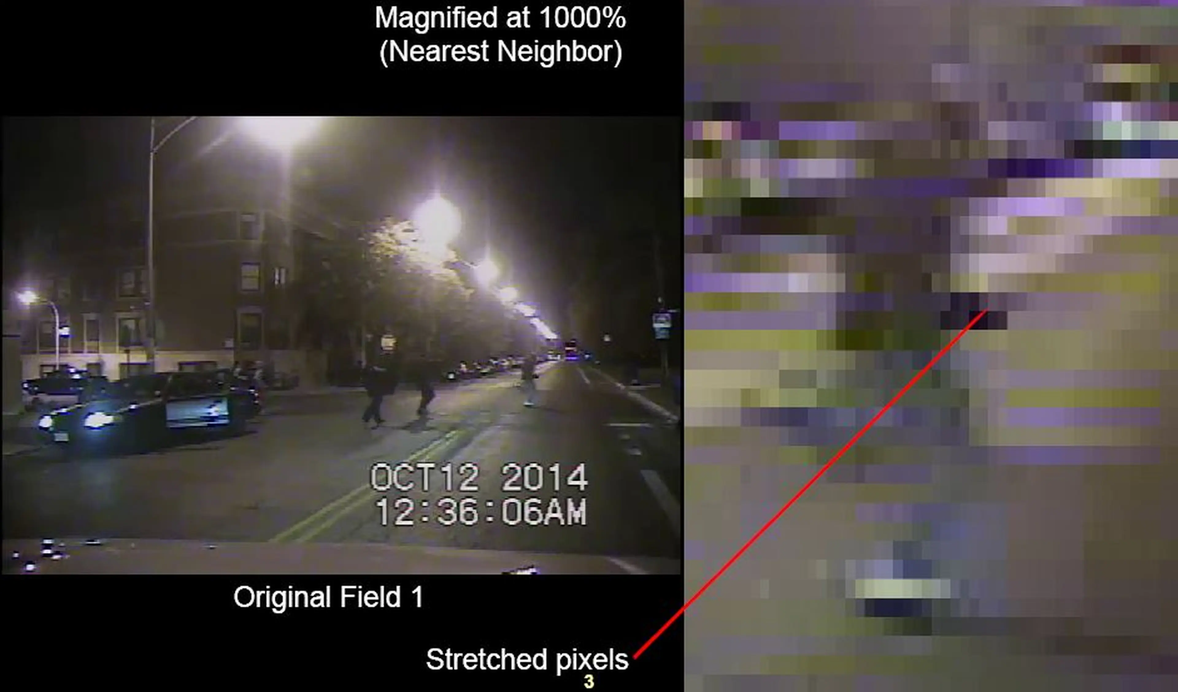 Nearest neighbor interpolation footage. On the left is a screenshot showing a street with lots of cars with time stamps. On the right is a pixled, up-close image of one of the people on the street