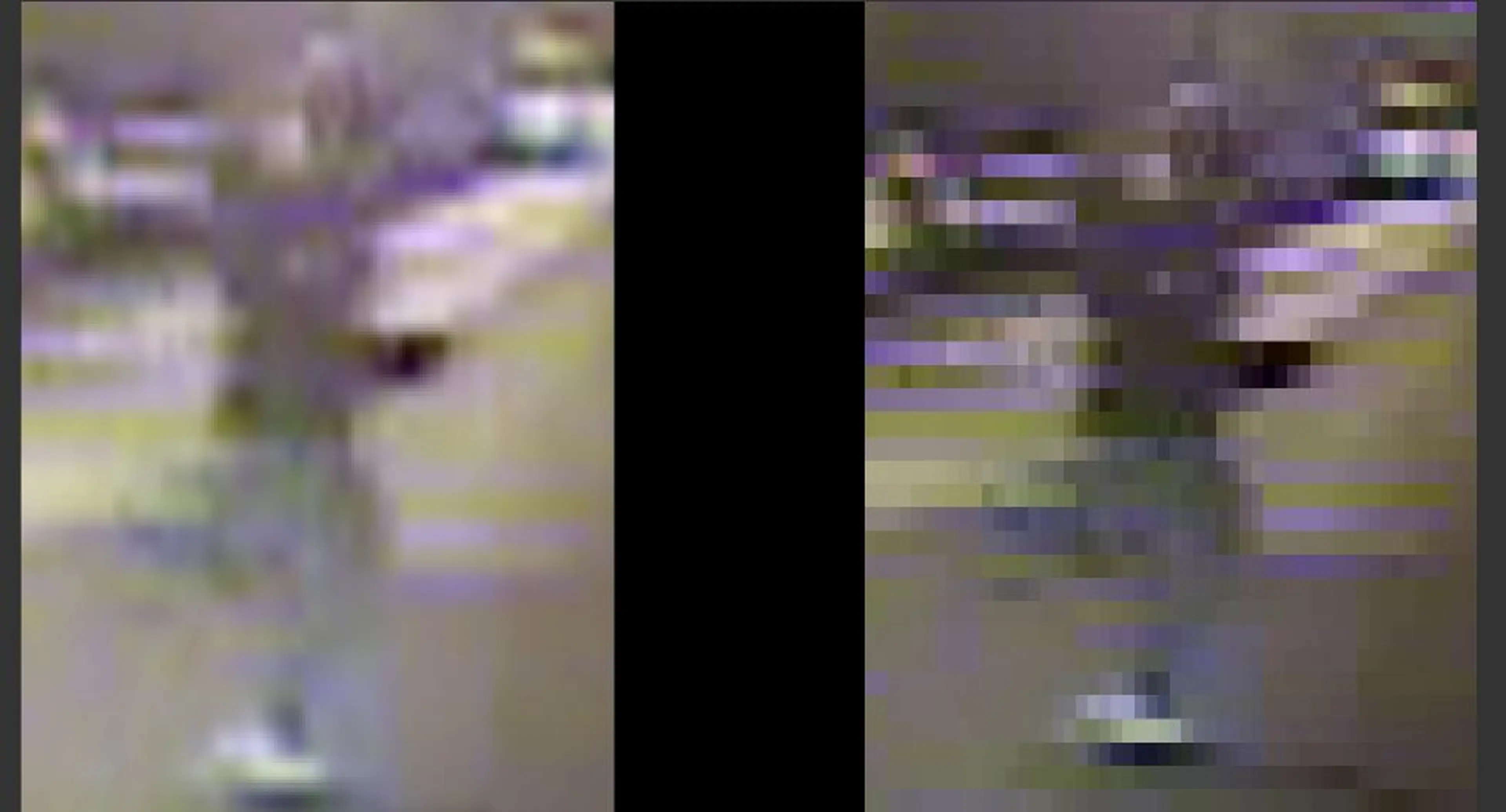 Nearest-neighbor image of an individual in the street. The right-side version is pixelated.
