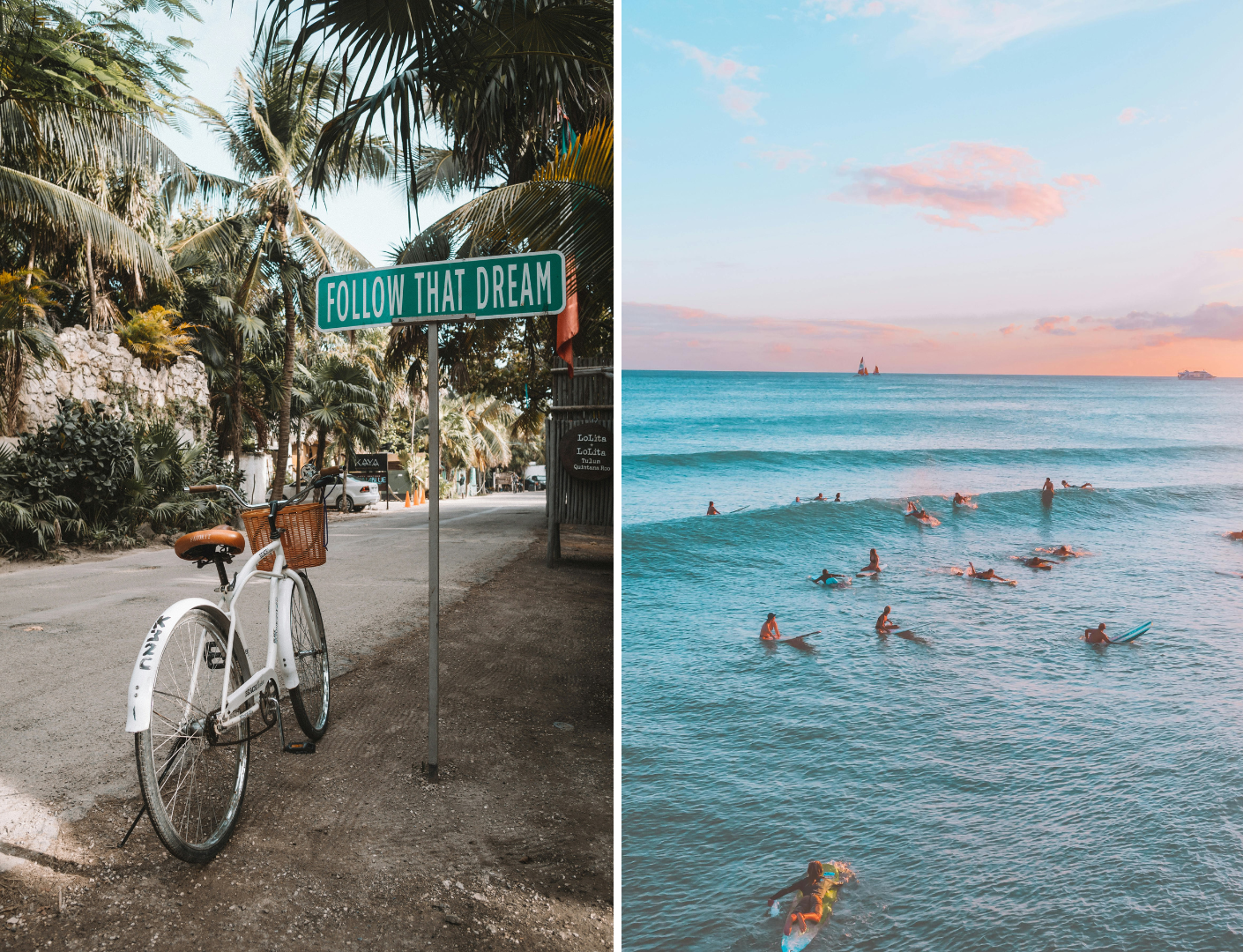 prachtig strand in mexico met combinatie van fiets in mexicaanse straat