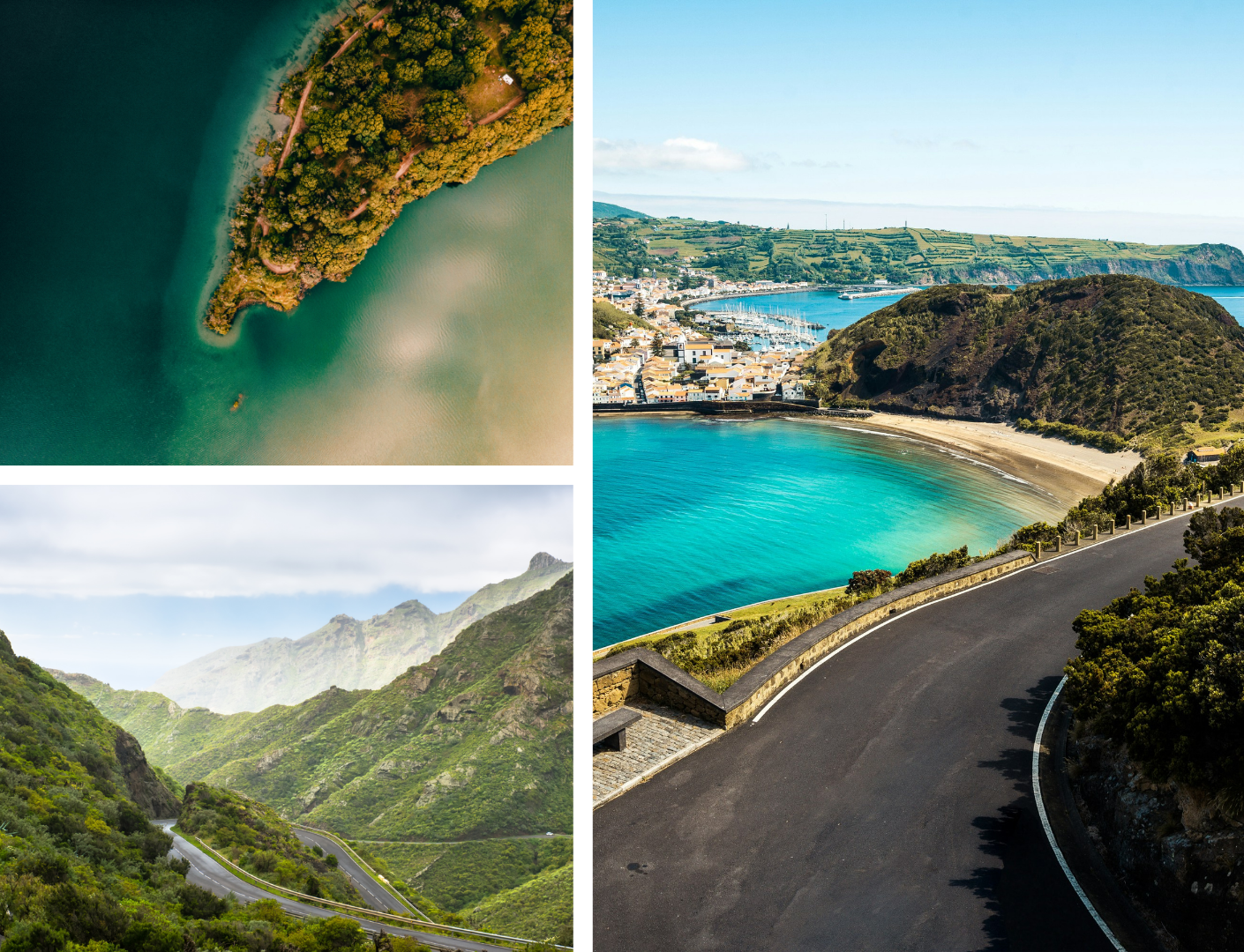 Collage of scenic landscapes: aerial view of a green island, lush mountainous road, and winding costal road by a turquoise sea.