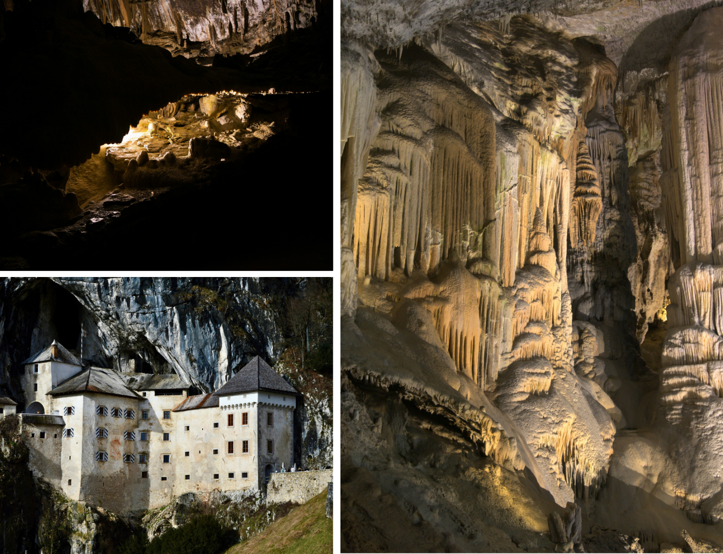 Triptych: dimly lit cave passage, detailed illuminated stalactites and a cliffside stone castle built into a cave.