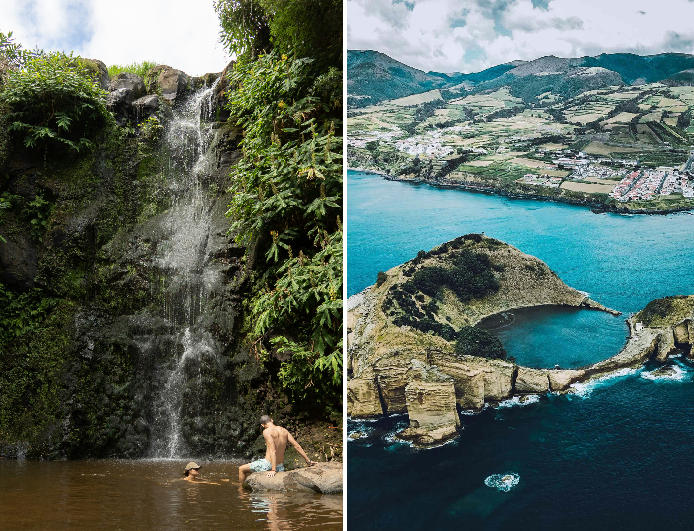 2 mensen aan het zwemmen in het water bij een waterval en een foto van boven het katelmeer in de Azoren