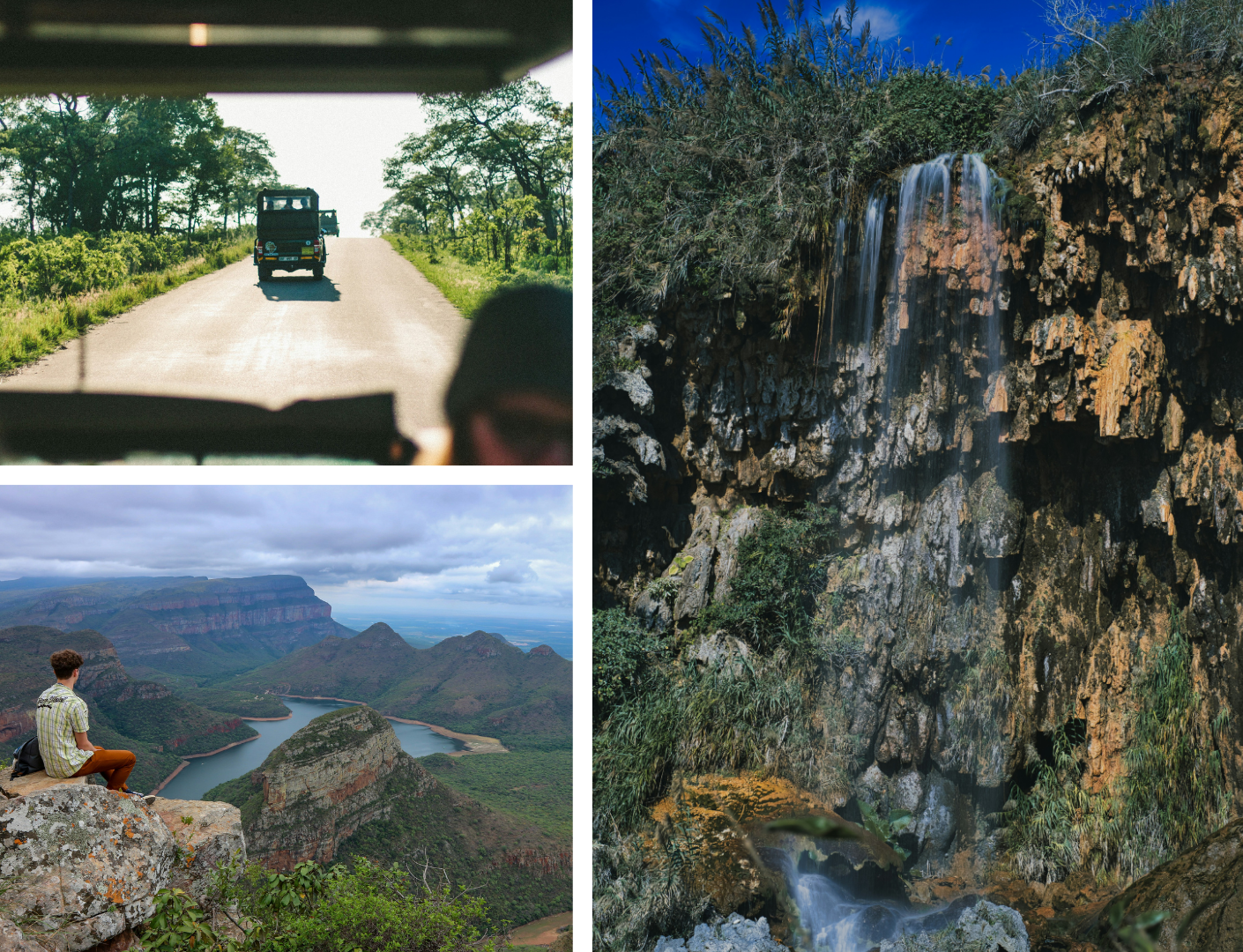 A collage: a safari vehicle on a road, a person overlooking a canyon and river, and a waterfall flowing over a rocky cliff.