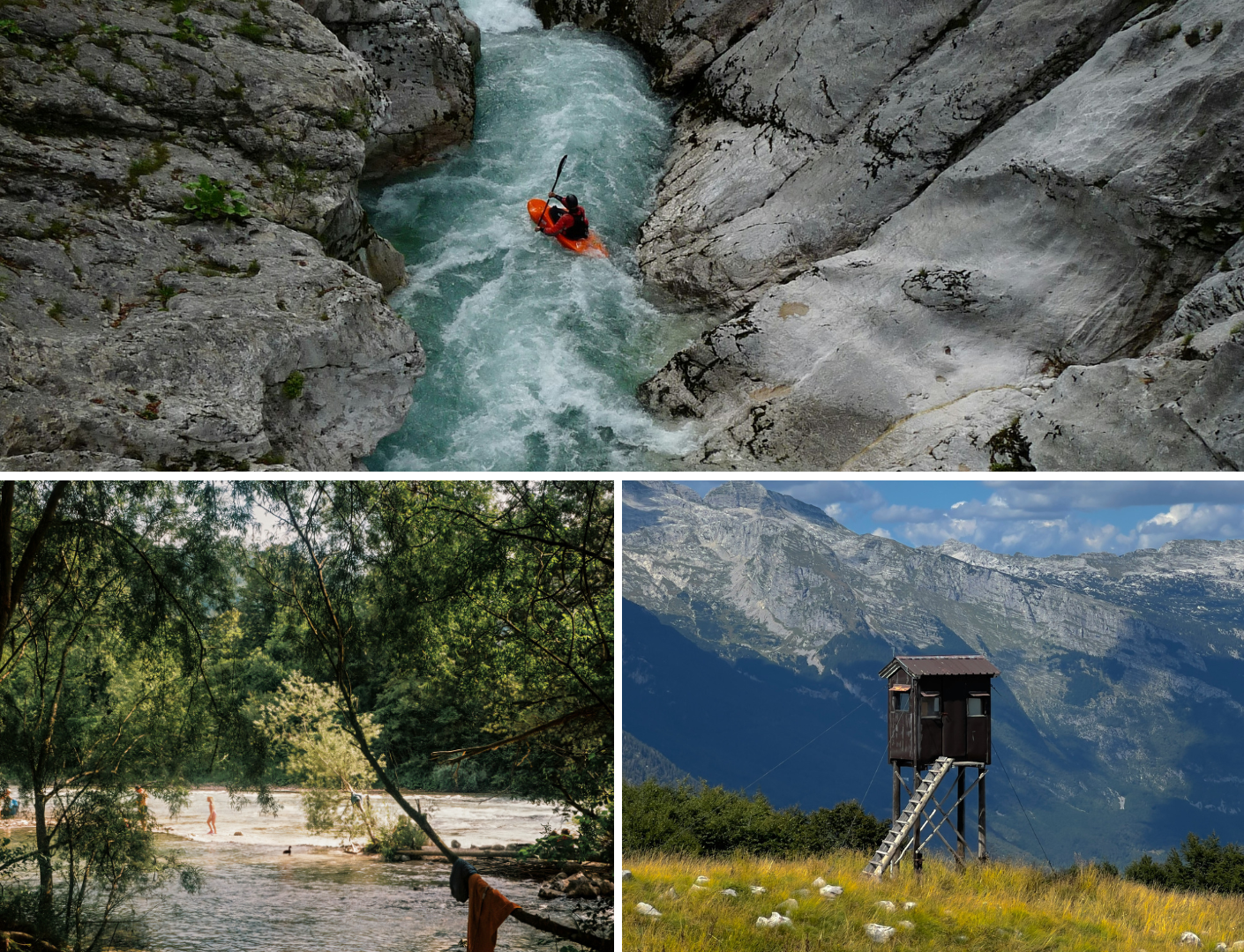 Three outdoor scenes: kayaker paddling turquoise canyon, people wading in a tree-lined river, and a wooden lookout tower on a grassy alpine slope.