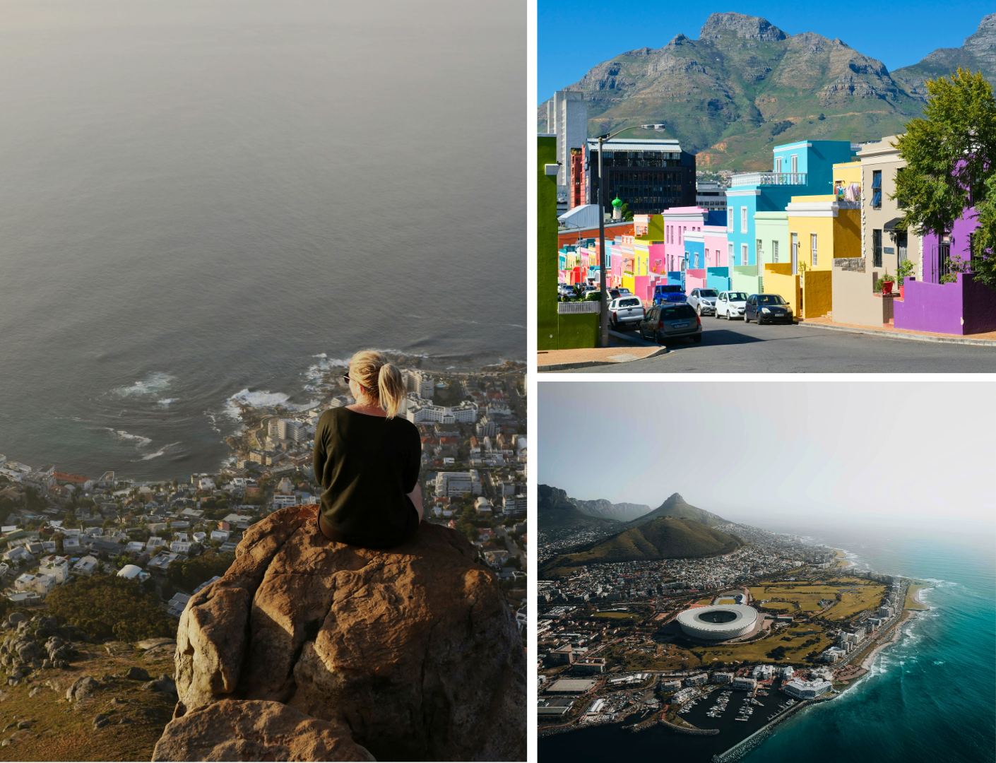 Collage of Cape Town: person overlooking sea, colorful Bo-Kaap neighborhood, and aerial view of coastline and stadium.