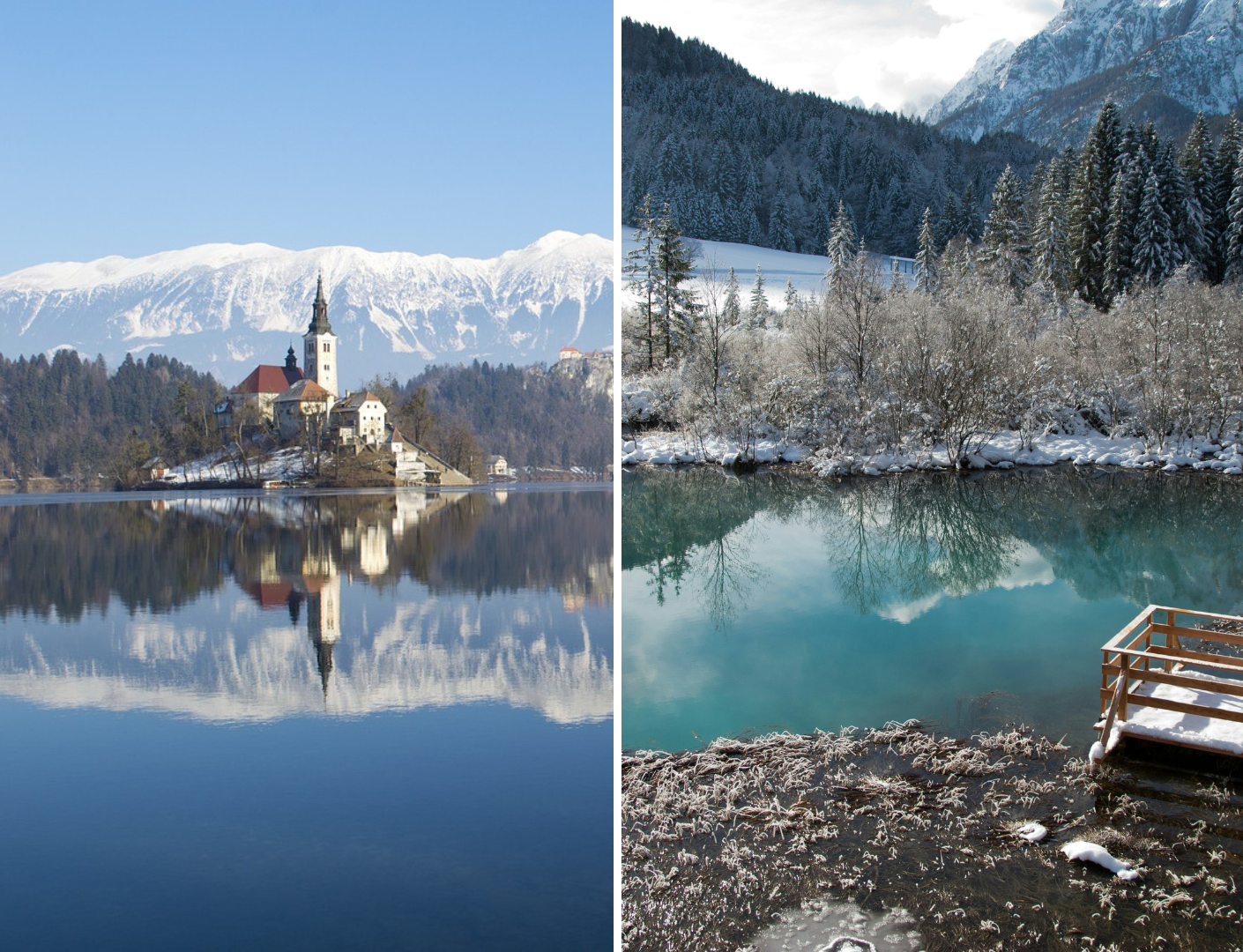 Split image: left — church on an island reflected in a calm lake with snow‑capped mountains; right — turquoise winter lake, snowy trees and a small wooden dock.
