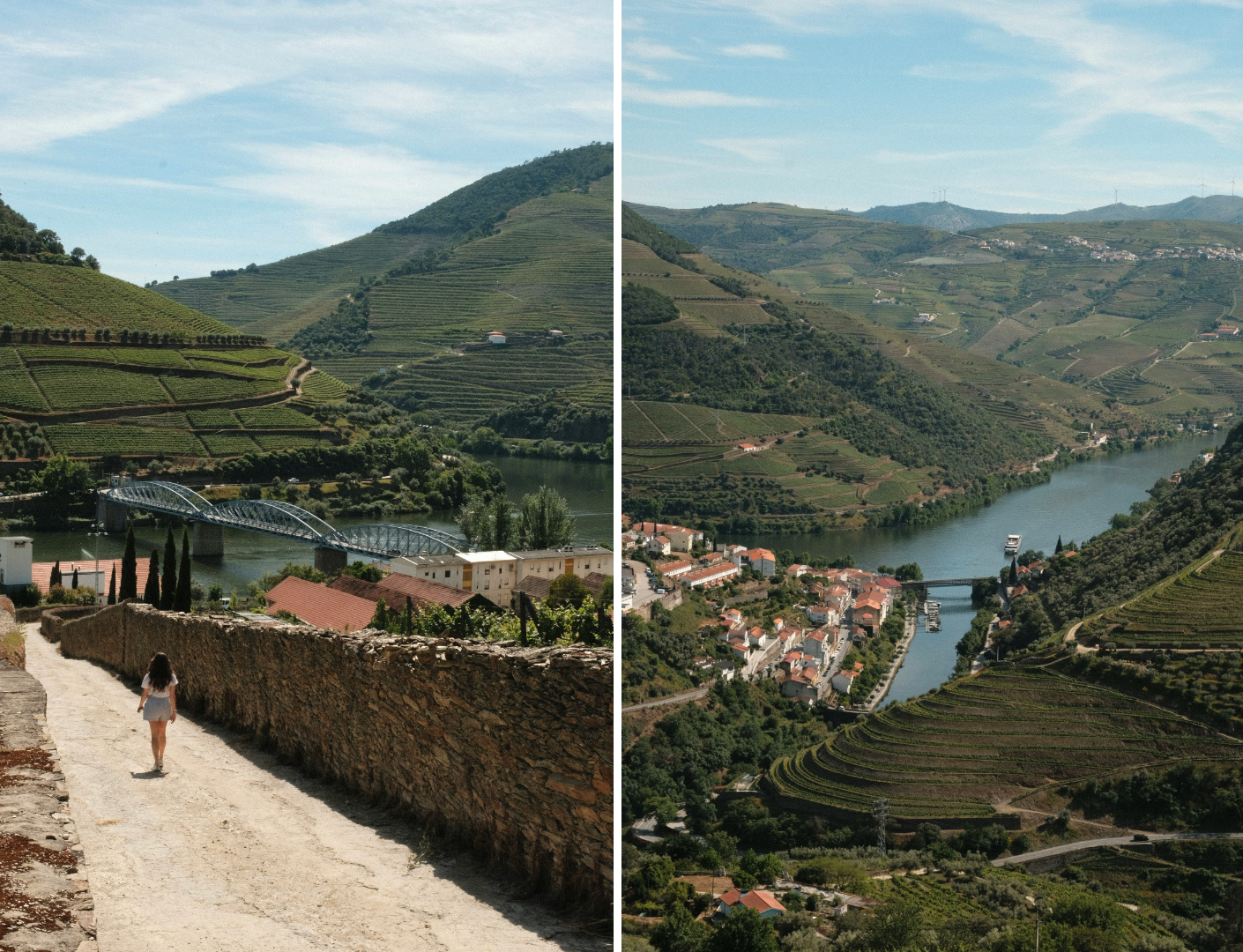 Prachtige foto's van de Duoro-Vallei en een persoon die op een stenen paadje naar beneden loopt