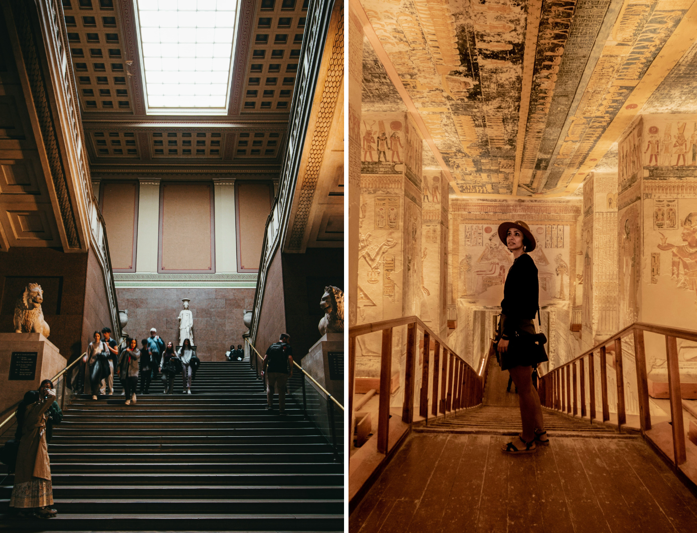 A split image: Left shows people on a grand staircase in a museum; right shows a woman standing in an ancient Egyptian-themed room.
