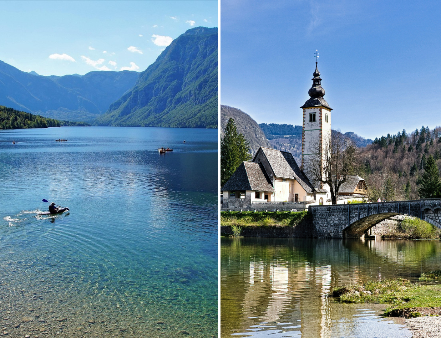 Split image: left - crystal lake with kayakers and mountain backdrop; right - riverside church with stone bridge and reflections under a blue sky.