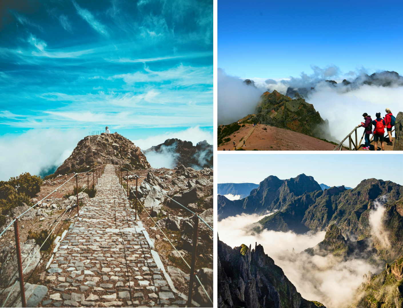 Prachtige bergen omringd door mist en mensen staan te kijken naar het mooie uitzicht van Pico do Arieiro