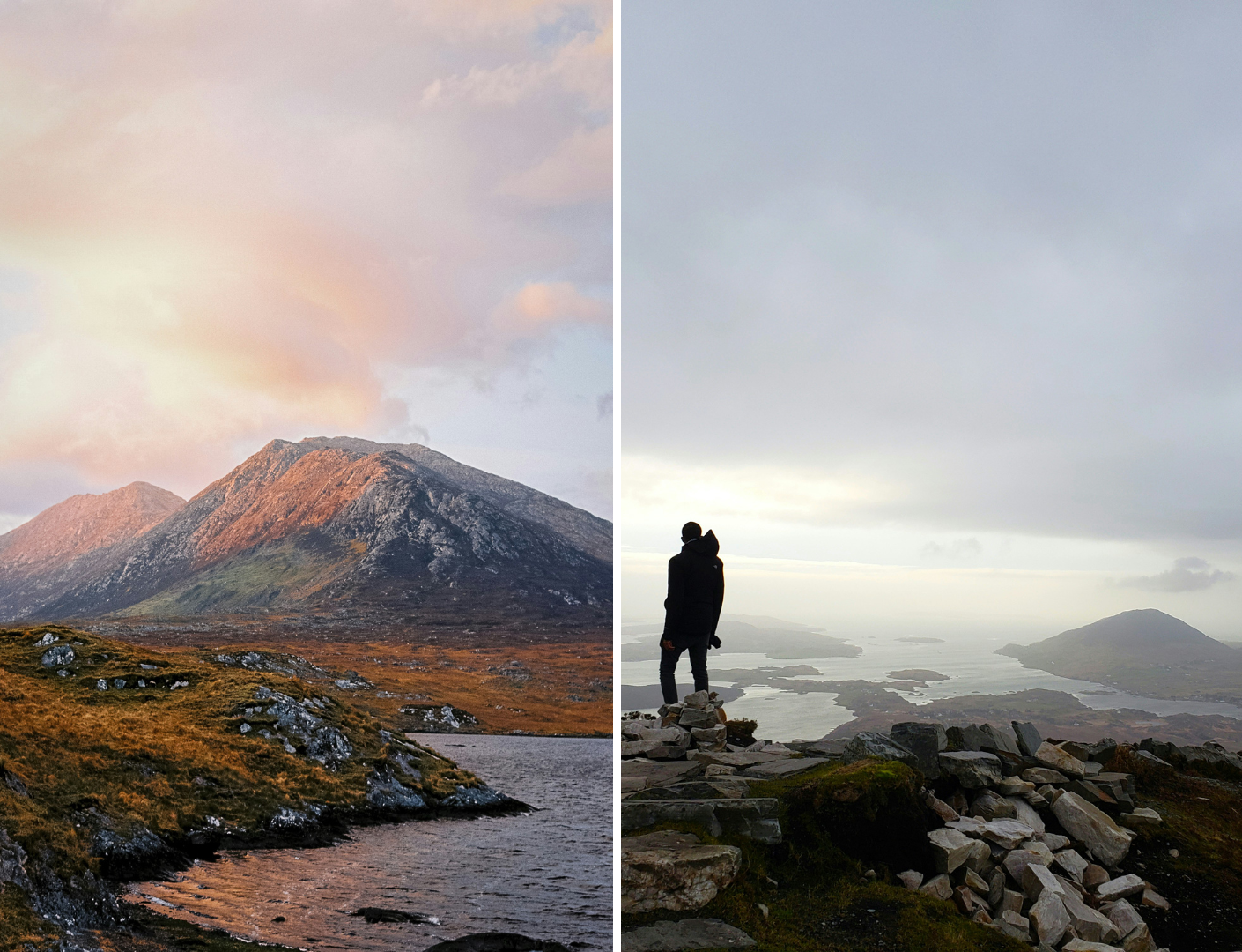 Prachtige bergen van Ierland met een man uitkijkt op de zee