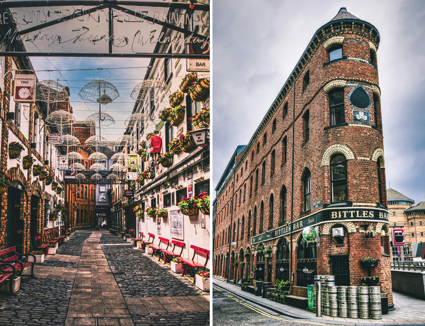 Paraplu's die in de straat hangen en een uniek hoekhuis