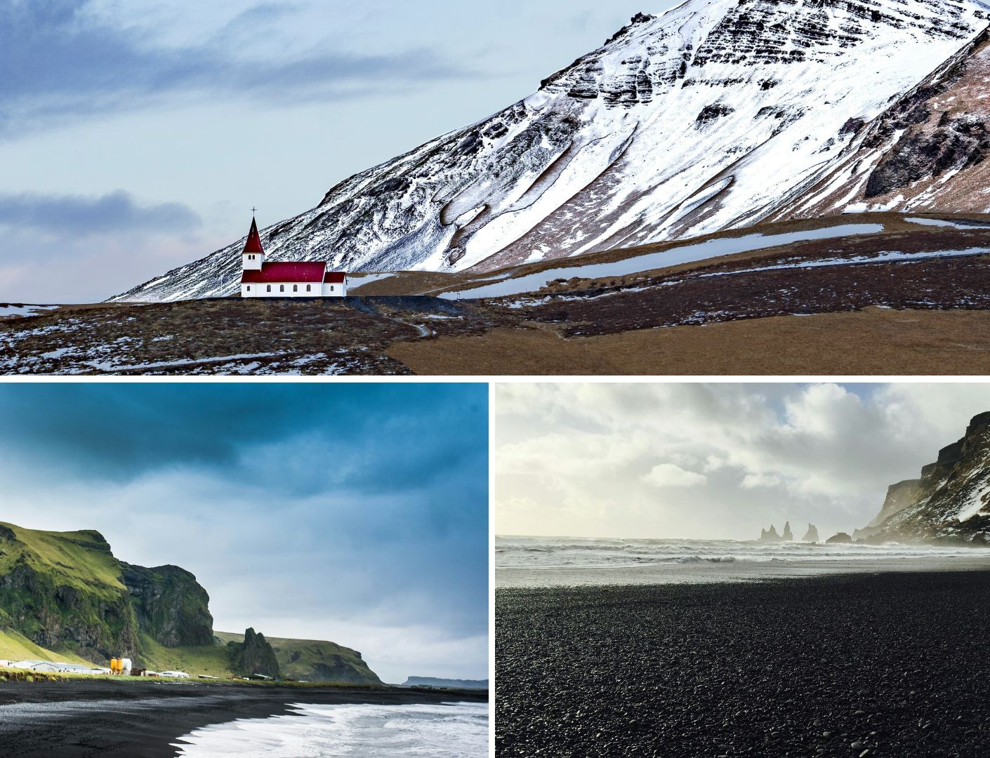 Prachtige witte berg en zwart strand