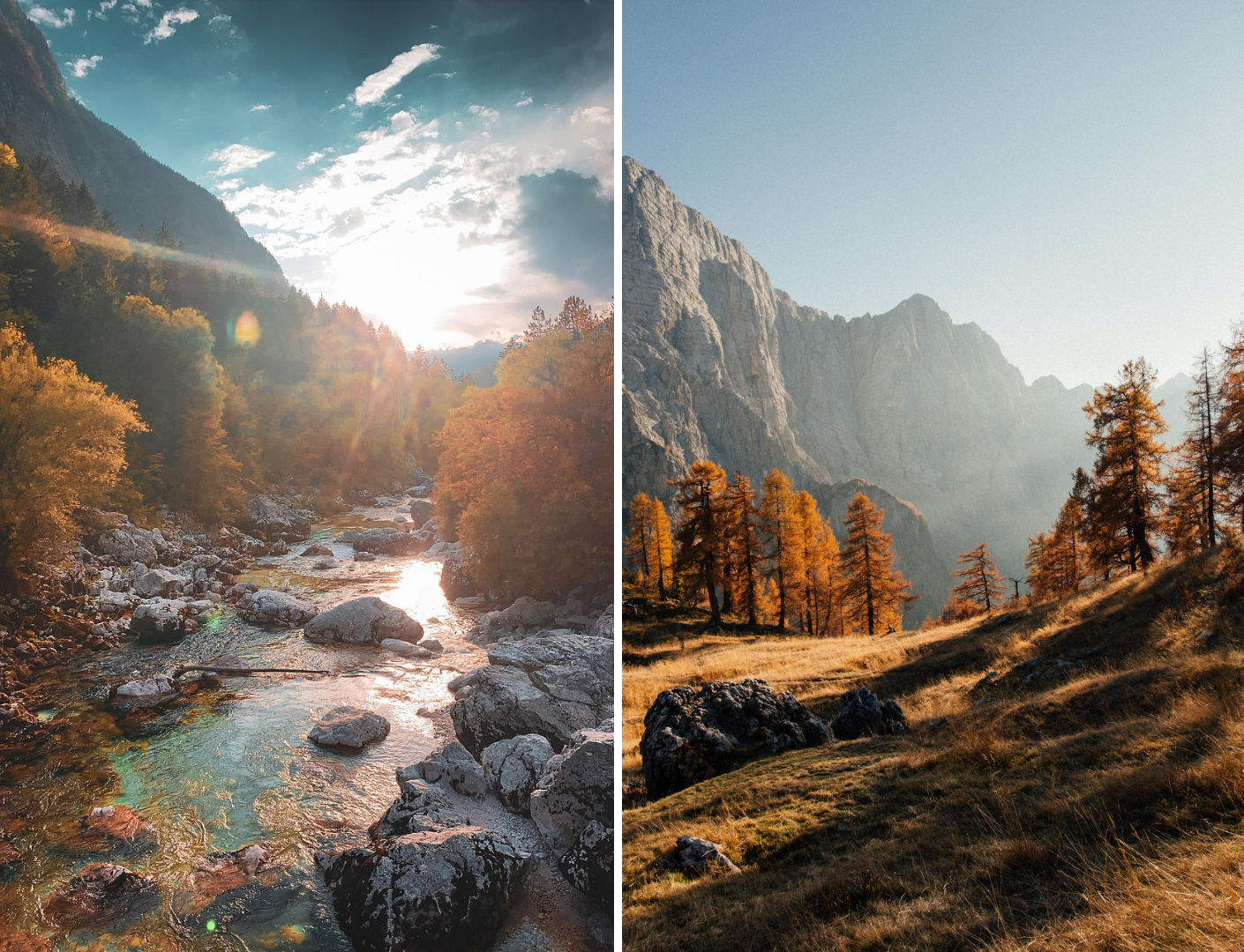 Prachtige herfstbeelden van oranje bladeren van de Soca-Vallei