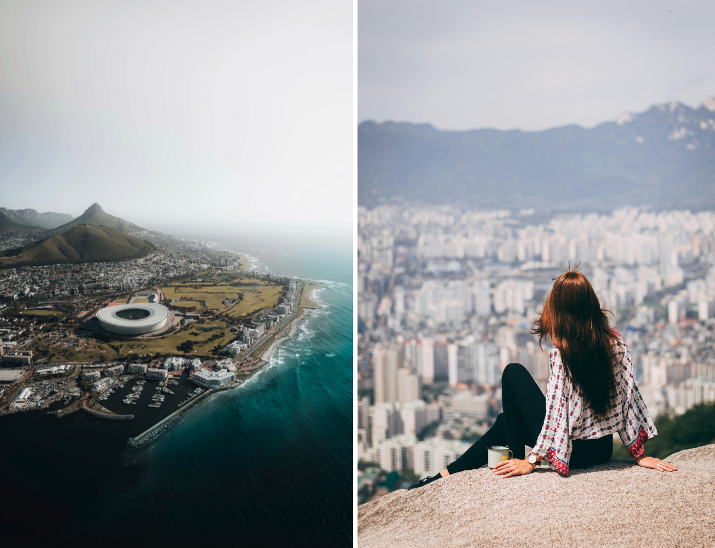 Boven shots van Kaapstad met iemand die uitkijkt op de prachtige stad