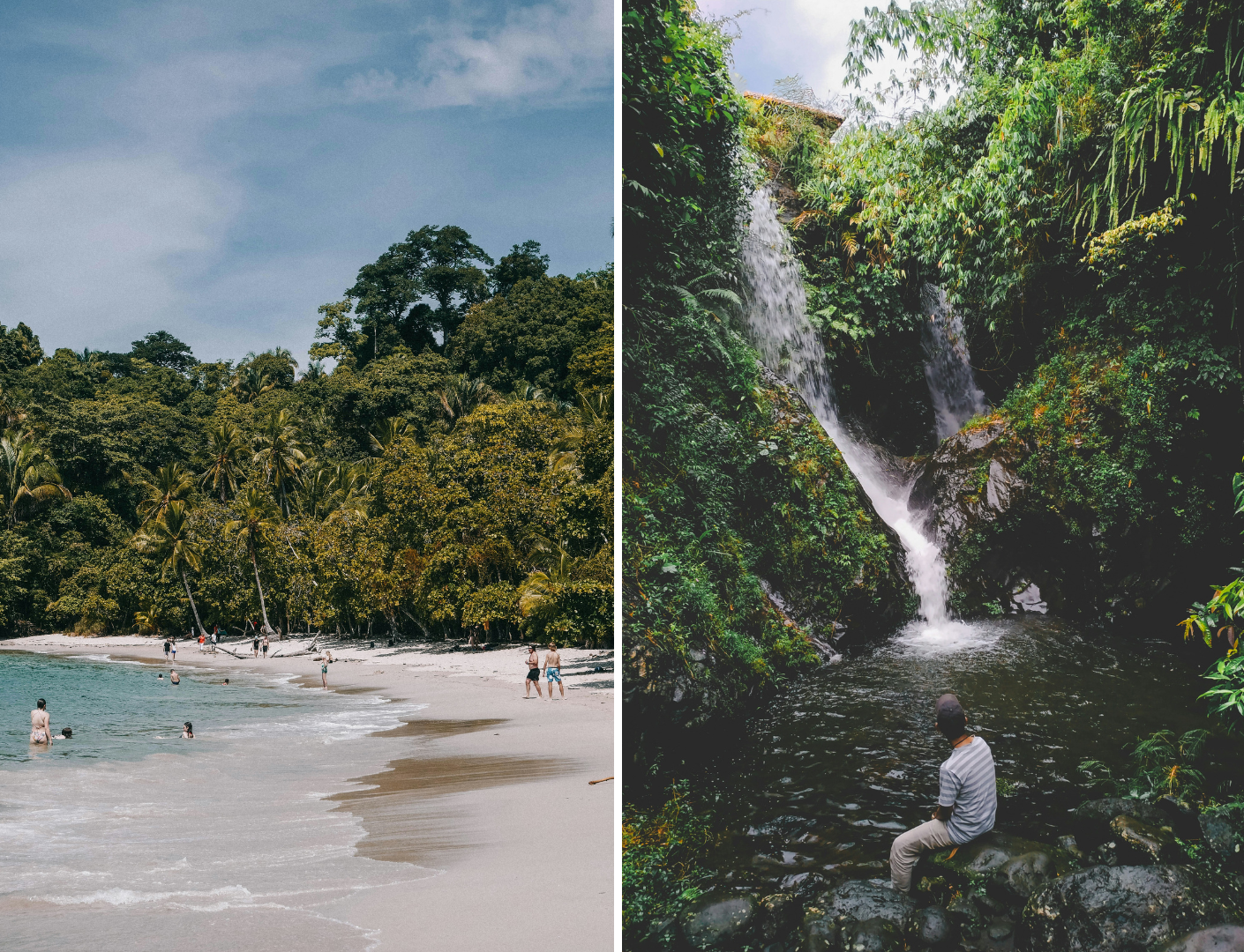 Een man die uitkijkt op een waterval en een prachtig strand in Costa Rica