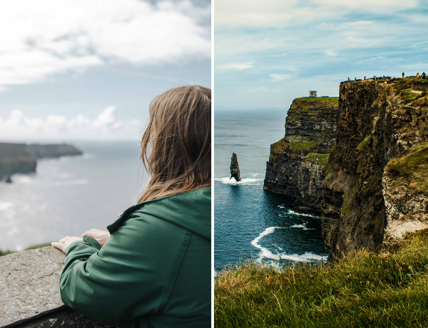 Vrouw die uitkijkt op de cliffs of moher