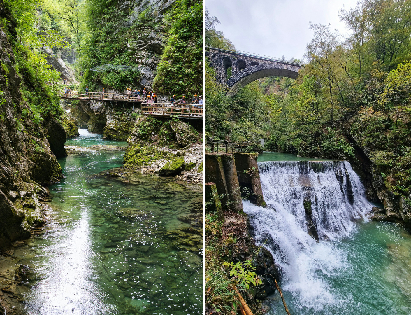 Split view: left—emerald river winding through a rocky gorge with a wooden walkway and hikers; right—stone arch bridge above a cascading waterfall.