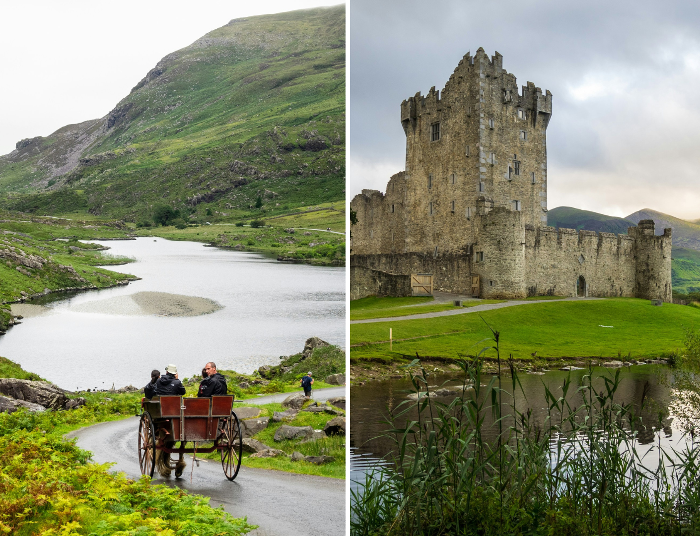 Een beetje mistig weer in de bergen met een prachtig kasteel en mensen die worden vervoerd in een karretje