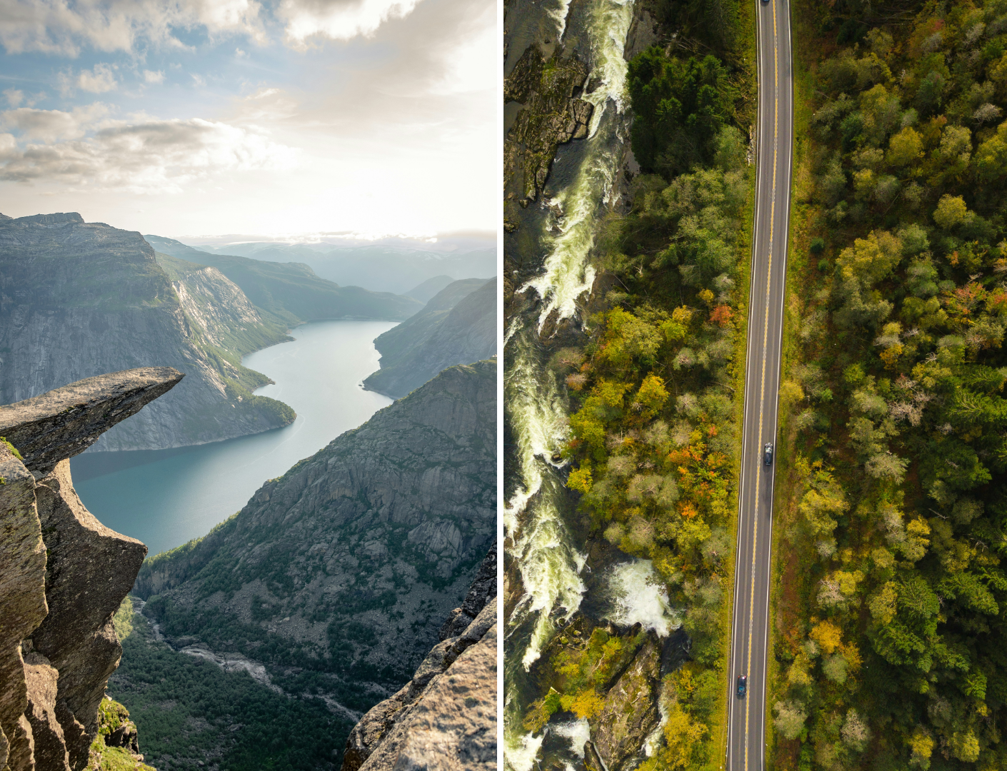 rots boven fjord en weg door bos