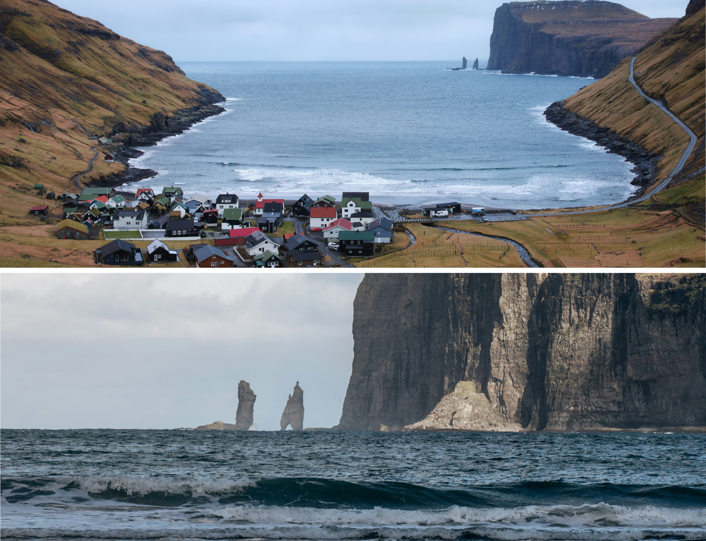 klein dorpje in vallei met zwart strand en uitzicht op zeestacks