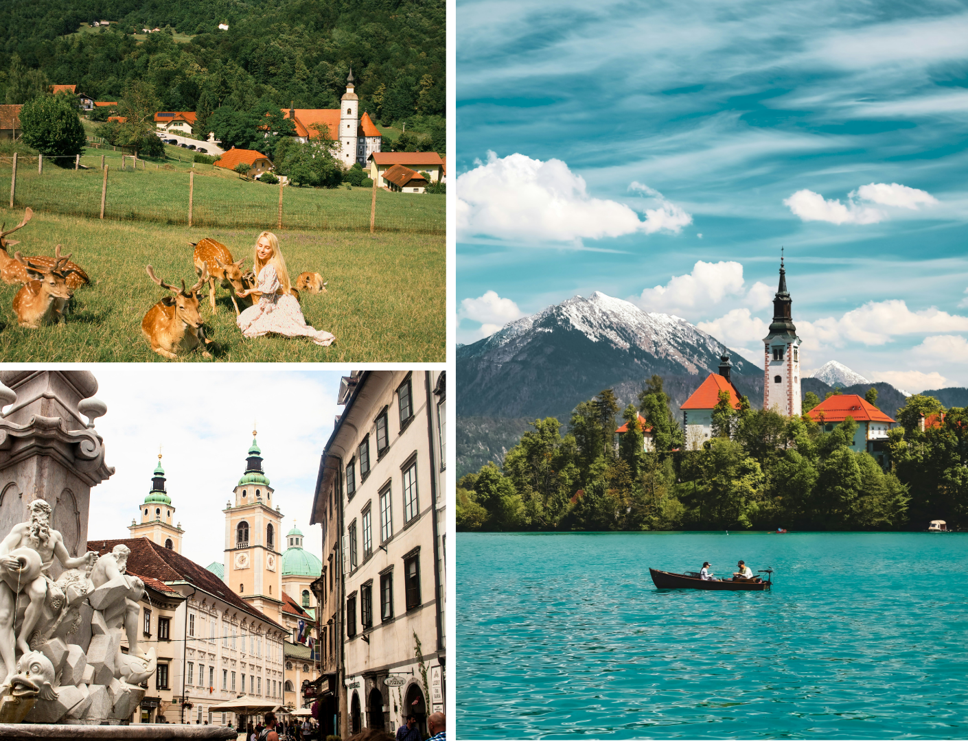 Three-panel collage: woman feeding deer by village church; city street with fountain and towers; turquoise lake with boat and island church.