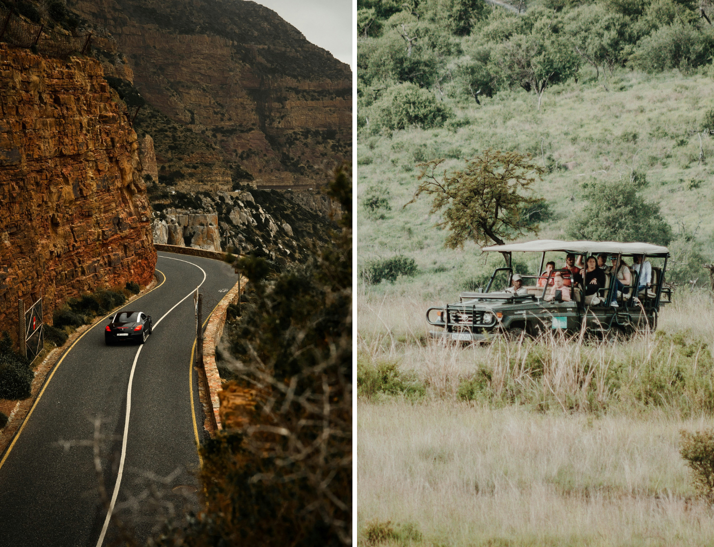 Auto rijdend door de bergen van zuid-afrika en mensen die in een safari jeep zitten