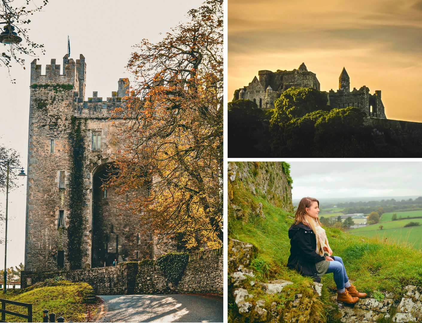 Foto van Bunratty castle en rock of cashel en een vrouw zit naast de kastelen