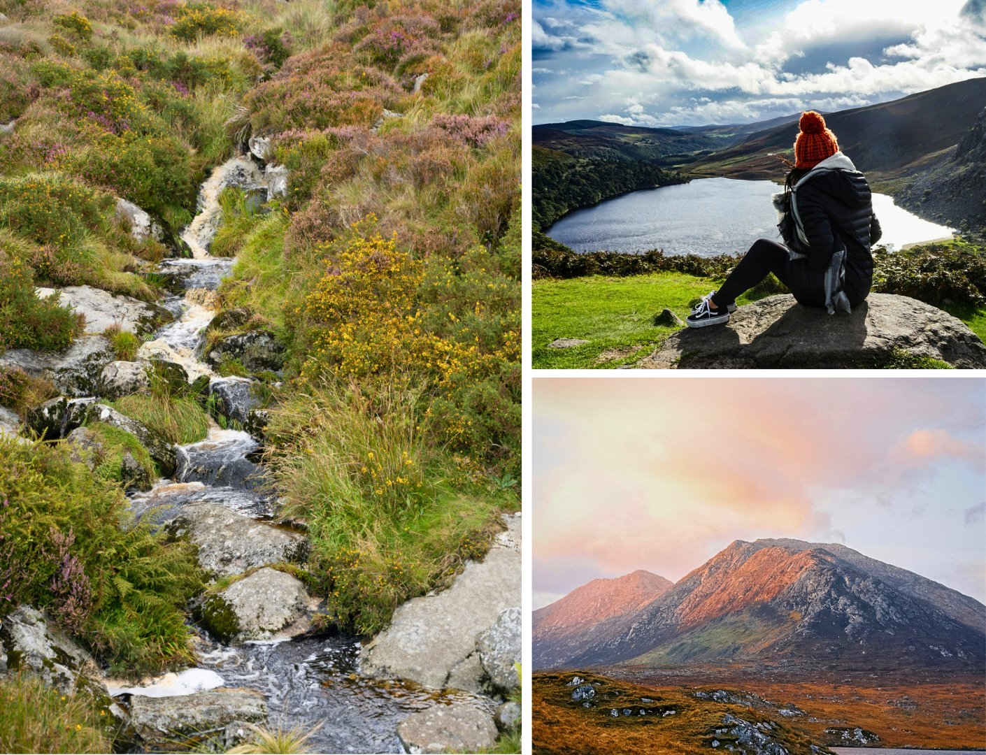 Vrouw die uitkijkt op een meer en een watervalletje dat naar beneden stroomt. Berg in de zonsondergang