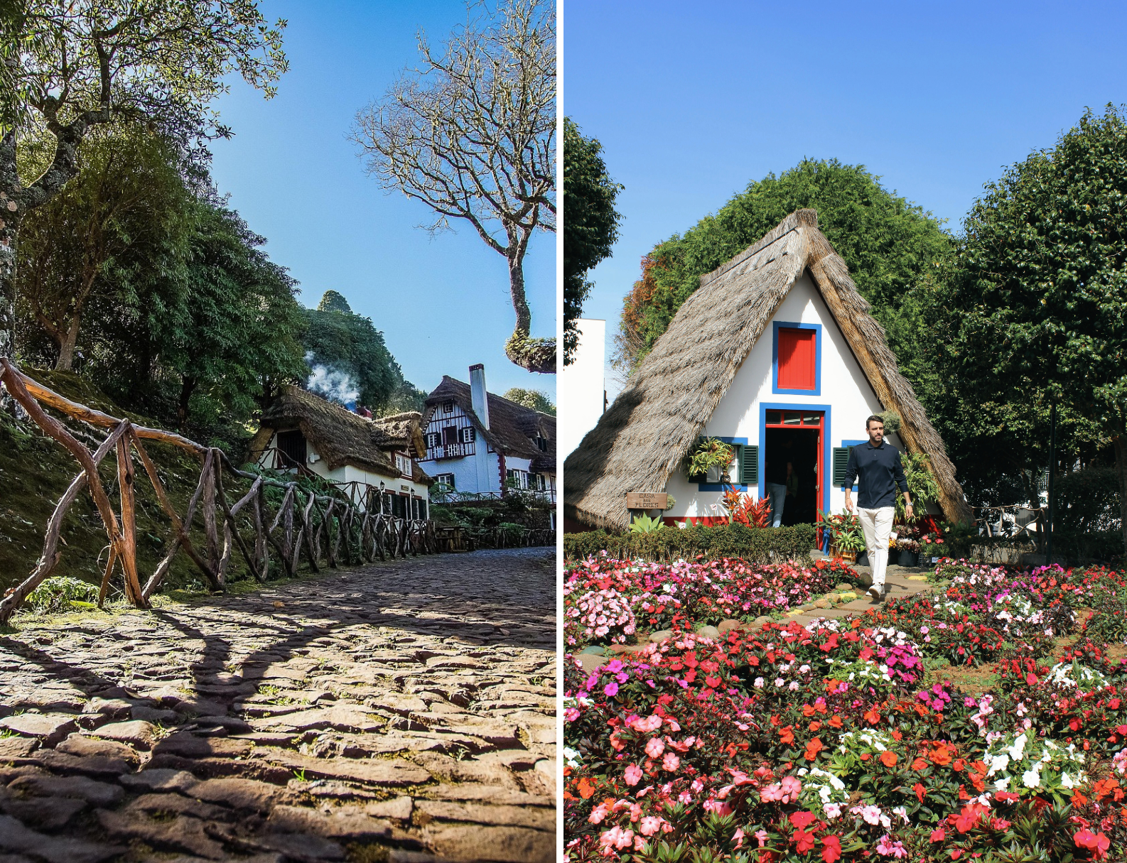 Split image: left cobblestone path with wooden fence and thatched cottages in trees; right A-frame thatched house with colorful flower beds and a person walking.
