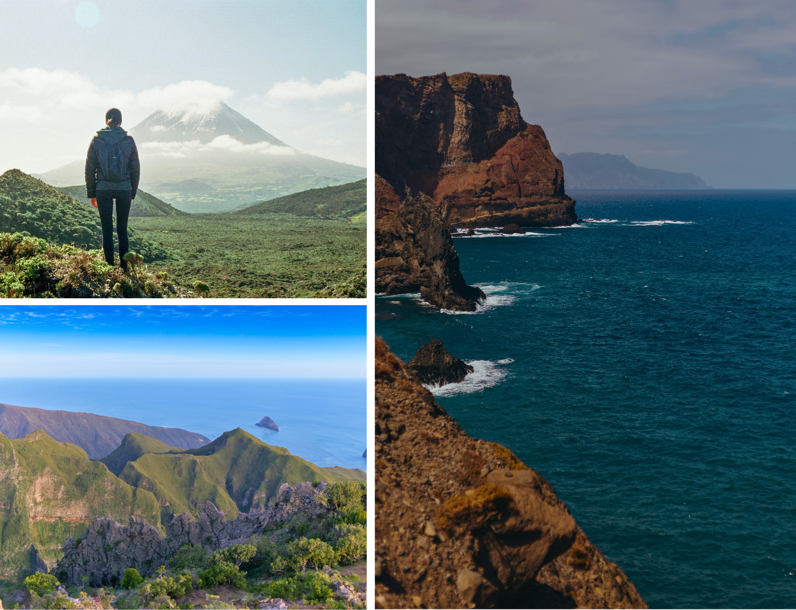 Three-panel landscape: a lone hiker on a green ridge facing a misty snow-capped volcano; verdant coastal hills with a distant islet; rugged sea cliffs above deep blue ocean.