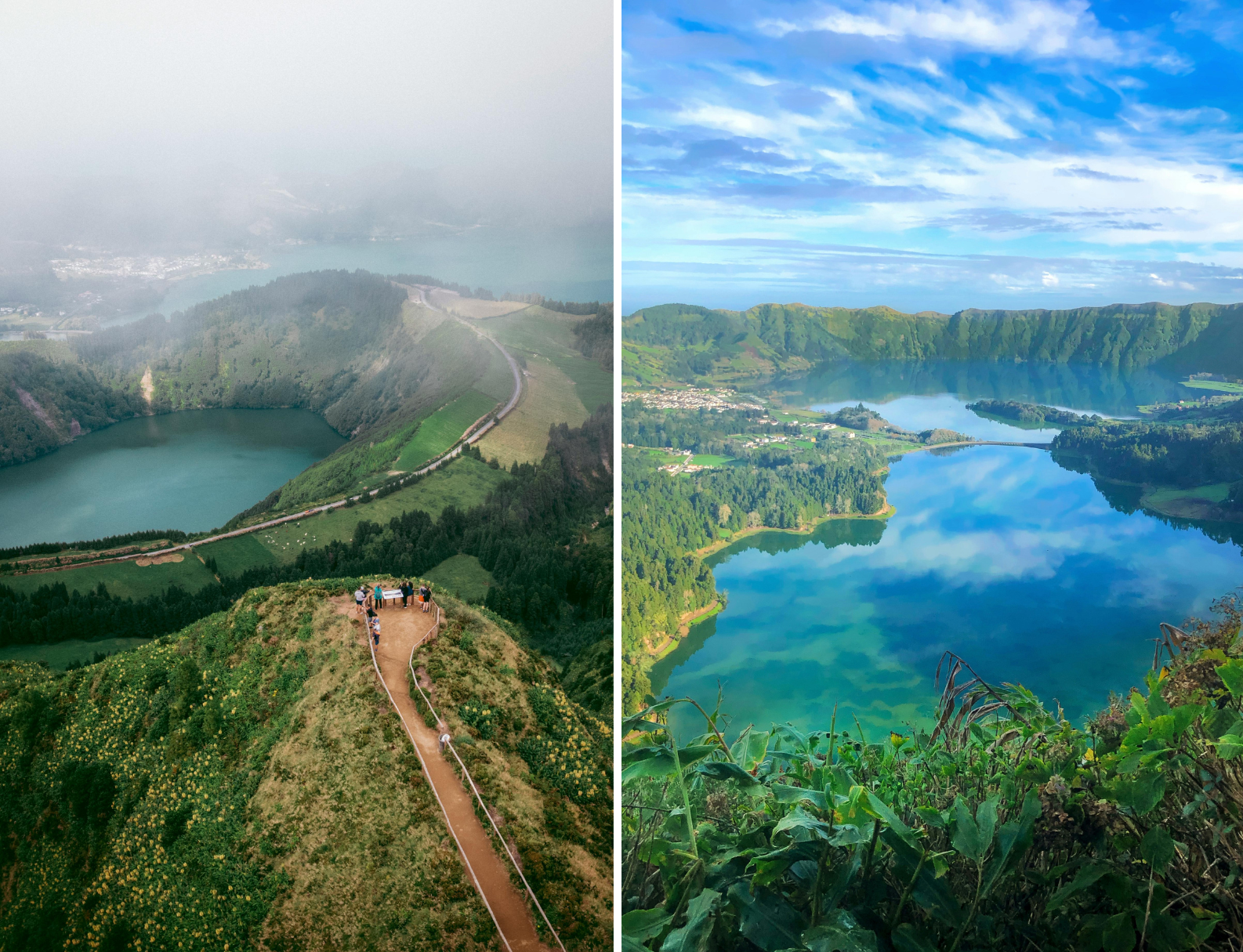 Split aerial view of crater lakes — left: misty ridge trail with hikers; right: clear blue lake mirroring sky and green hills.
