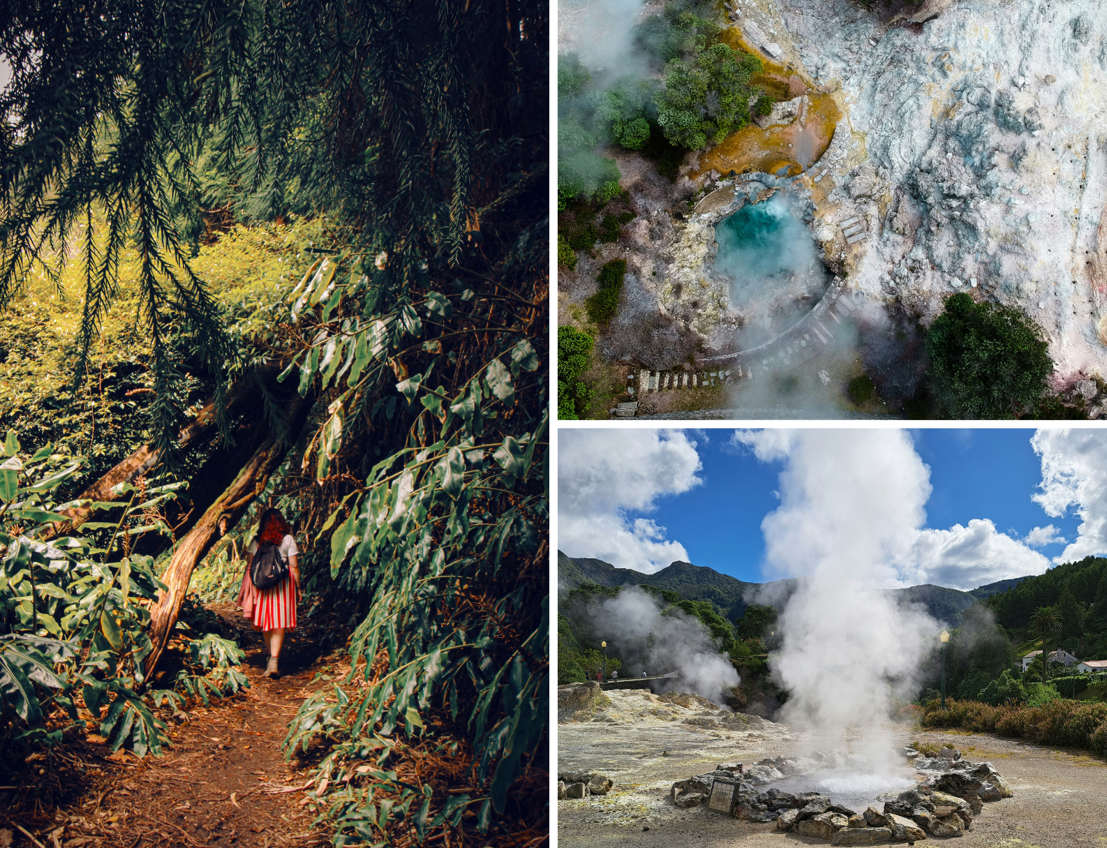 Collage: hiker in red skirt walking a forest trail; aerial steaming turquoise hot spring; ground-level geyser emitting steam in volcanic landscape.