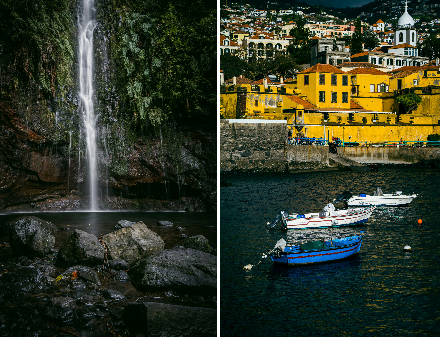 Waterval en gele huizen met bootjes in het water