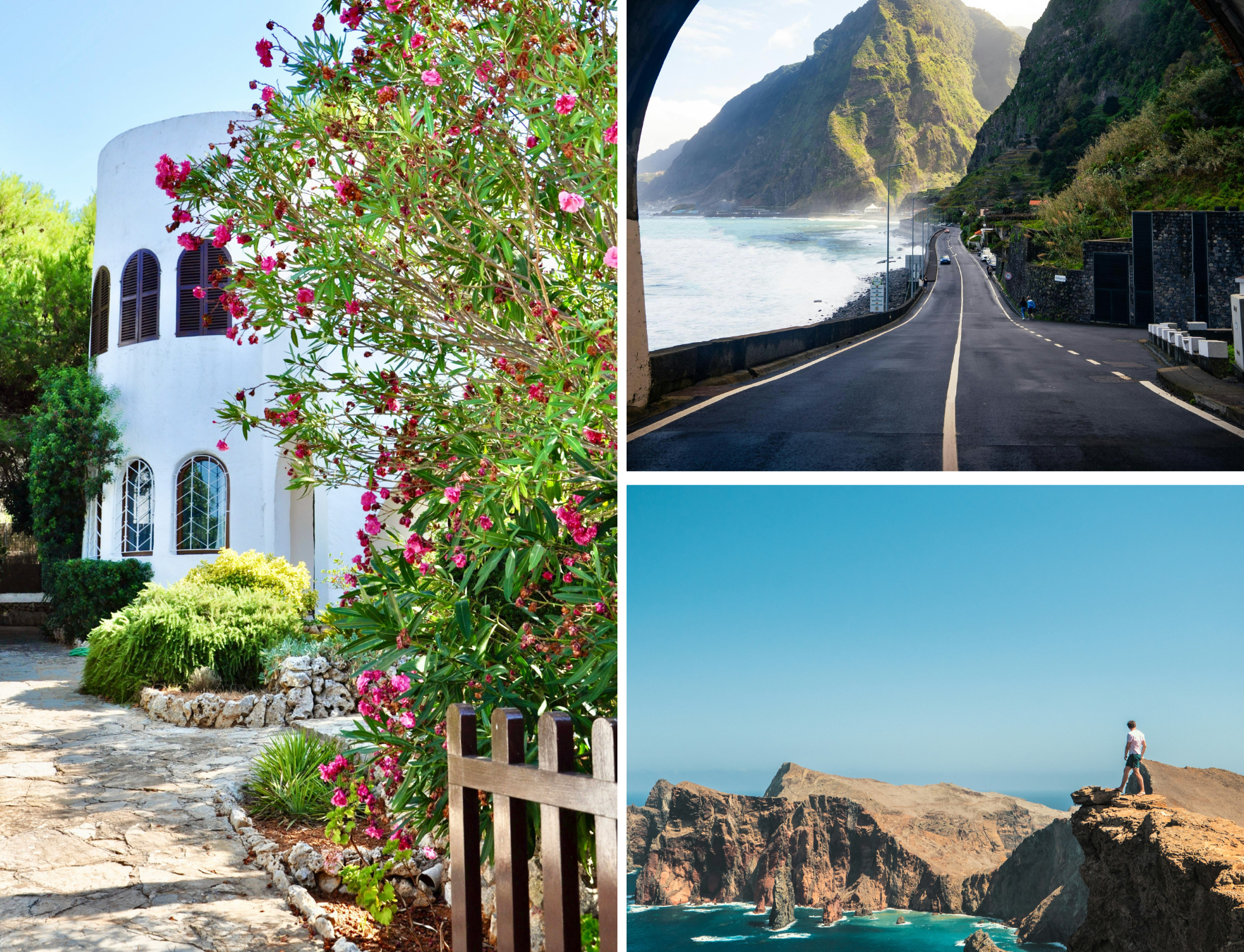 Collage: white villa with pink flowering shrub; coastal road framed by tunnel and cliffs; person standing on cliff overlooking rocky sea.