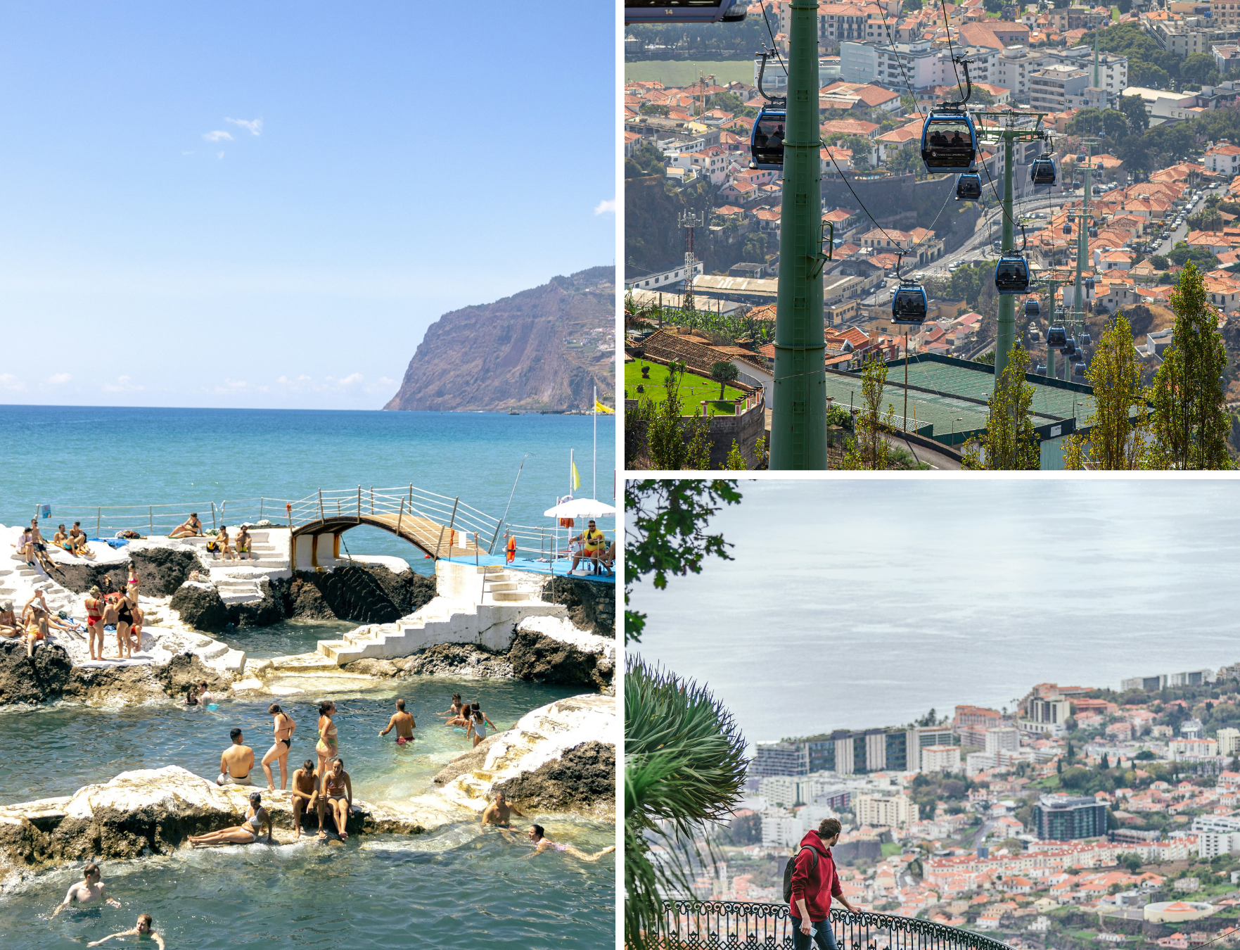 Triptych: left rocky seaside pools with swimmers and wooden bridge; top right cable cars over city; bottom right person overlooking the coast.