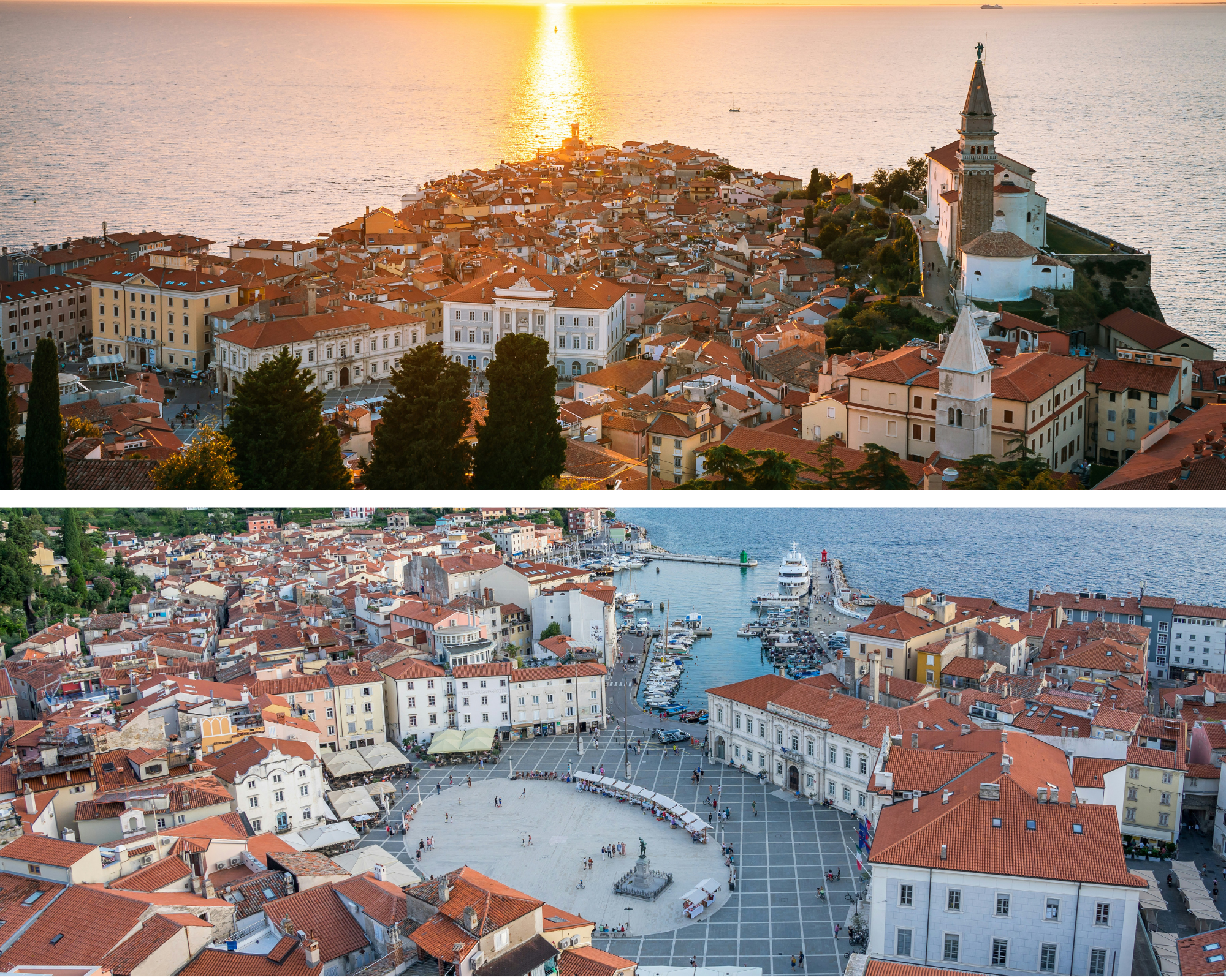 Piran met verschillende huisjes en mooie zonsondergang op de achtergrond