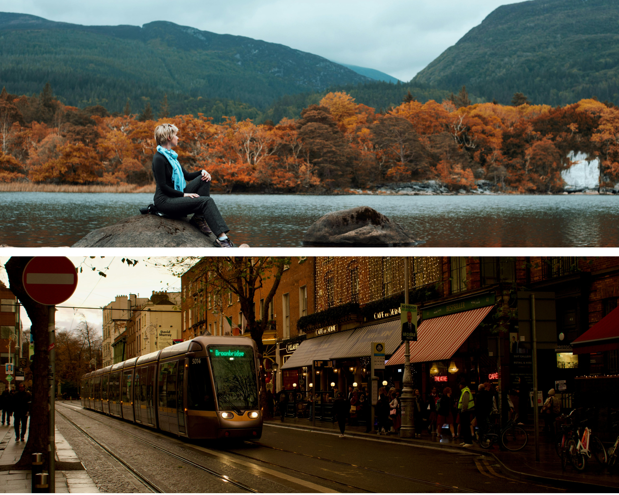 Vrouw die uitkijkt op de gekleurde blaadjes in de bomen aan de overkant van een meer en een tram die in de herfst rondrijdt in Ierland