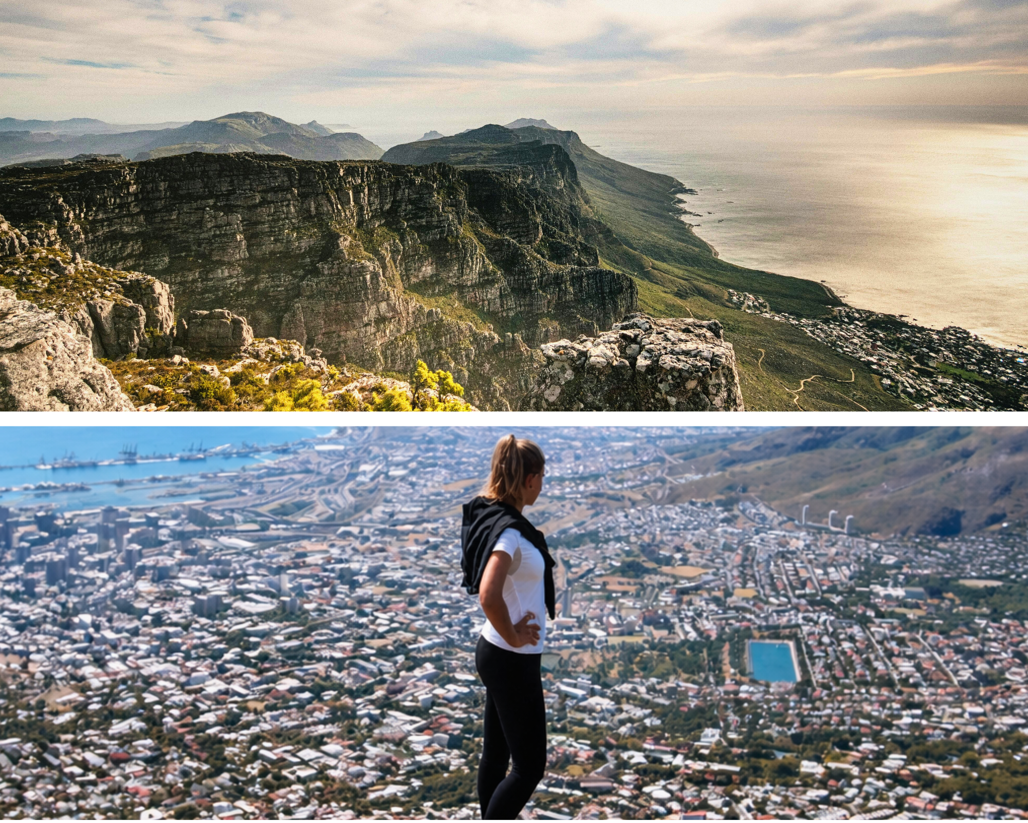 Meisje die uitkijkt op het prachtige kaapstad en groene bergen aan de zee