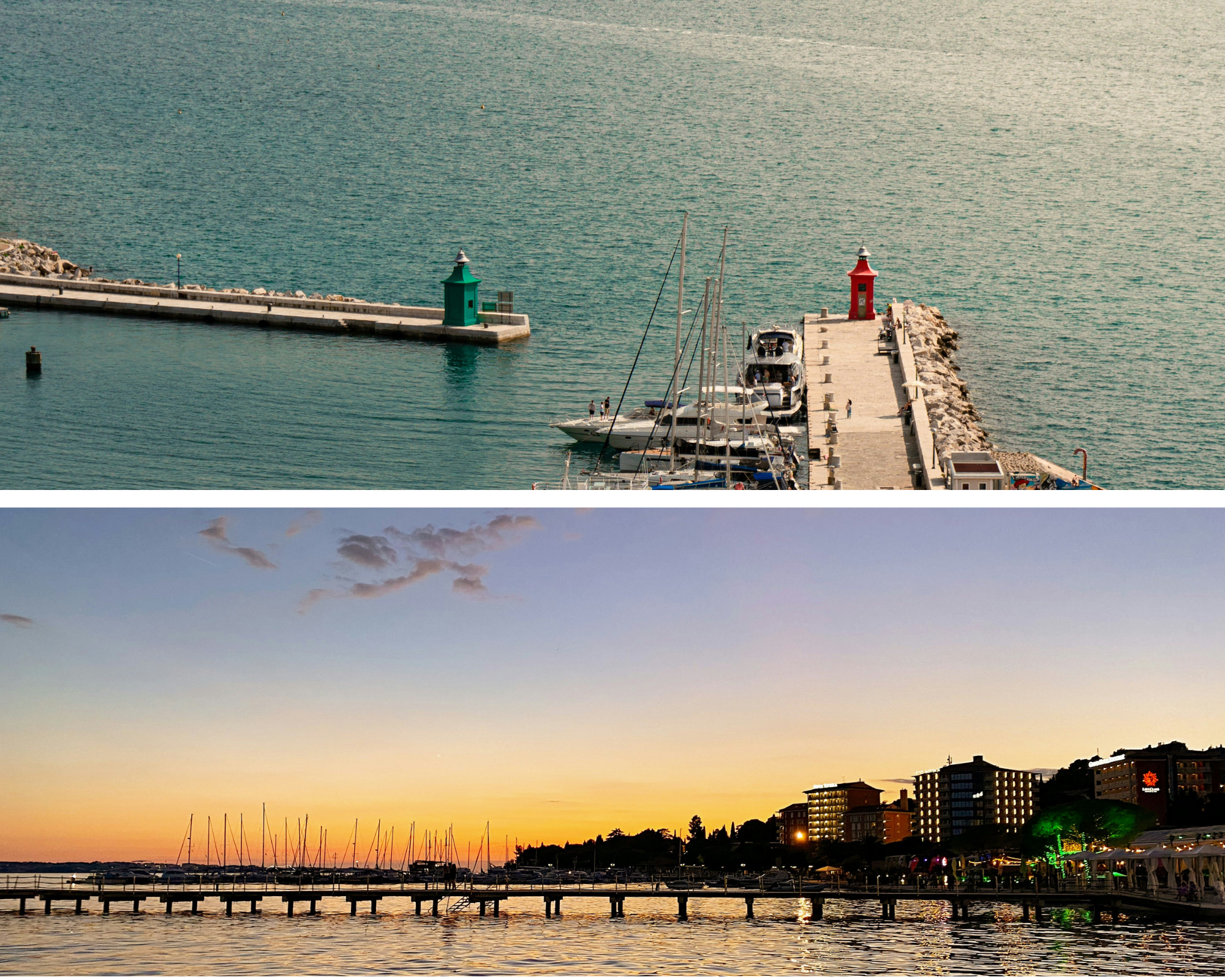 Top: marina pier with green and red beacons and moored yachts. Bottom: sunset harbor with pier, sail masts and lit waterfront buildings.